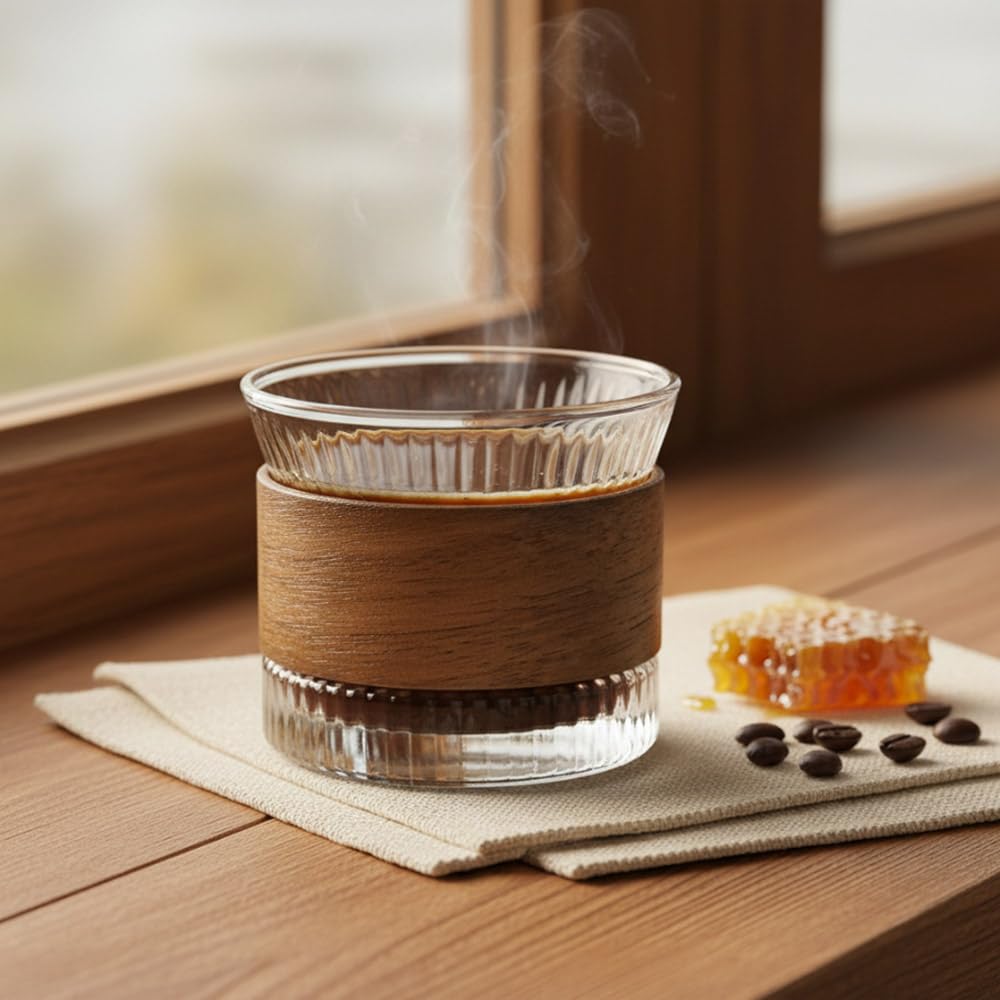Azonee Clear Coffee Mug, High Borosilicate Glass Coffee Cup With Wooden Heat-Resistant Grip Ring, Vintage Clear Embossed Design for Coffee, Tea, Yogurt, and Beverages
