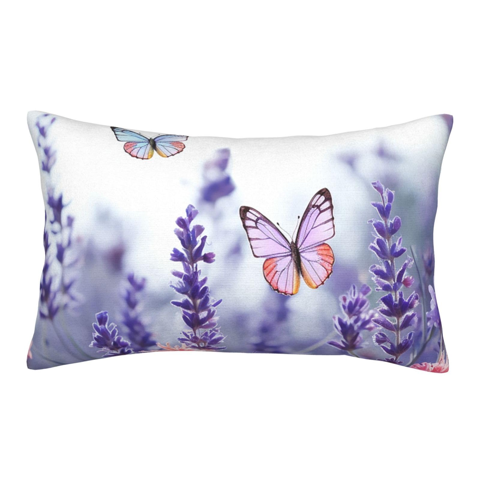 Velvet Pillowcases 14"x20" Ultra Soft Breathable Pillow Cases, Luxury Fuzzy Throw Pillow Covers with Zipper, Lavender Flower Background with Butterflies Pillow Shams Decorative Cushion Cases for Couch