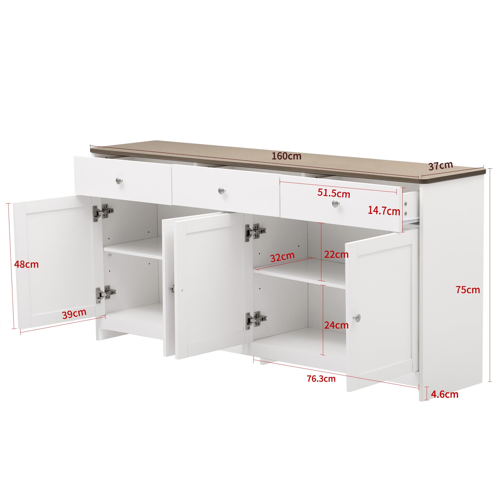Idemon Sideboard mit weißer Holzmaserung, Vier Türen, mit DREI Schubladen, Wohnzimmer, Esszimmer. Holzfarbe und Weiß (160X37X75CM)