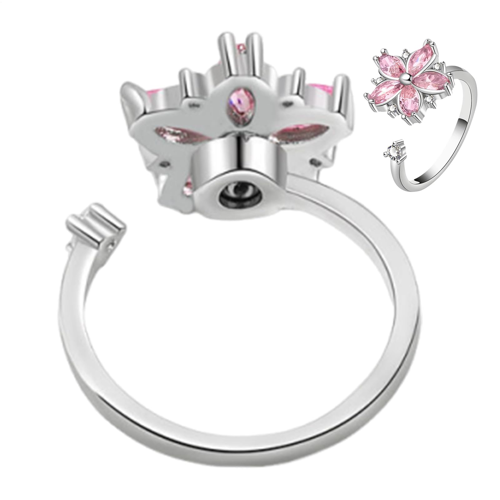 Spinner Ring, Fidget Ringer Finger, Adjustable Floral Design Distress Reliever Aid, Stress Rings Bands for Women, Workplace, Airplane, Meditation Focus, Color Silver with Pink