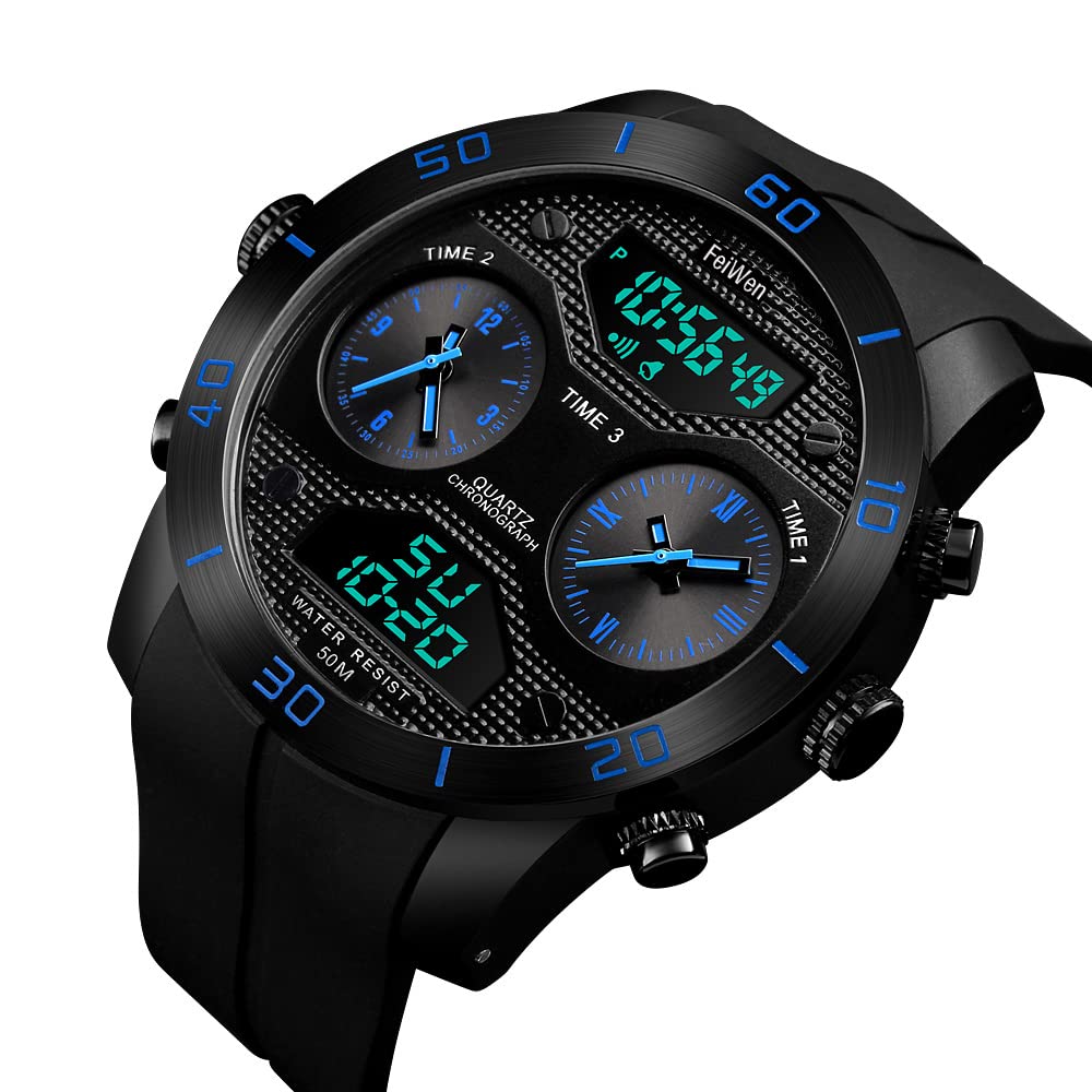 Hombre Fashion Outdoor Deportivo Relojes 50M Impermeable Cuarzo Analógico LED Electrónica Tres Tiempo Alarma Multifuncional Militar Digitale Reloj de Pulsera (Azul)