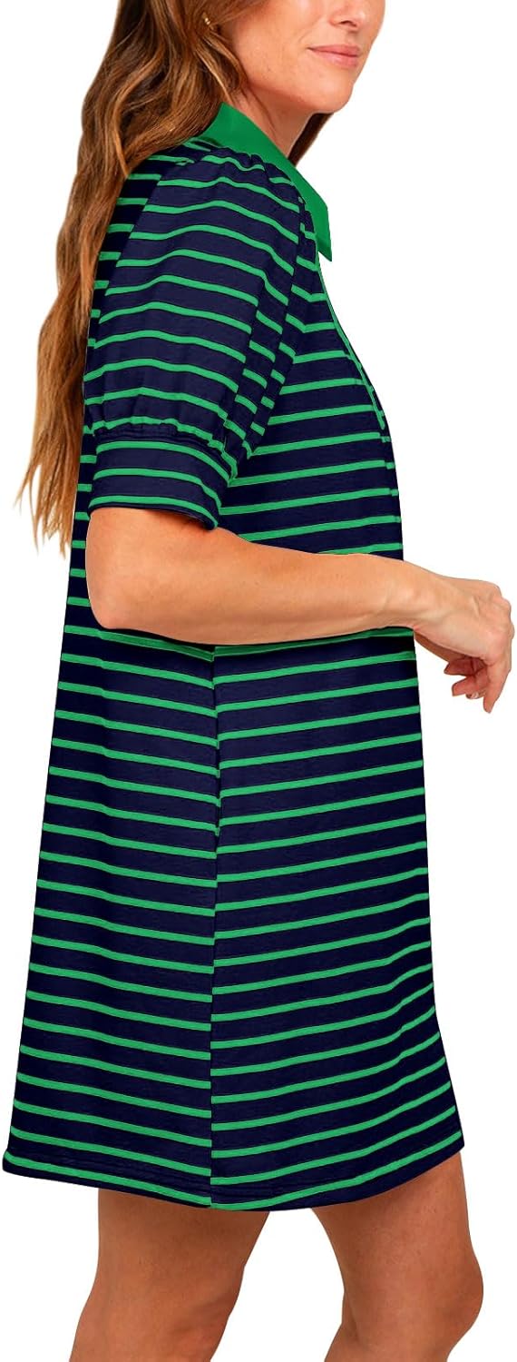 Yousify Women's Summer Lapel Collared V Neck Striped Dress Casual Puff Short Sleeve Polo Tshirt Dresses with Pockets - Image 4