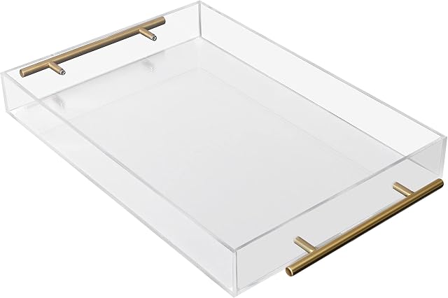 Kurtzy Clear Acrylic Plastic Serving Tray with Gold Handles - L46 x W27.5cm / 18.11 x 10.82 Inches - Large Rectangle Decorative Spill Proof Table Organiser - Tea/Coffee, Drinks, Breakfast & Food Tray