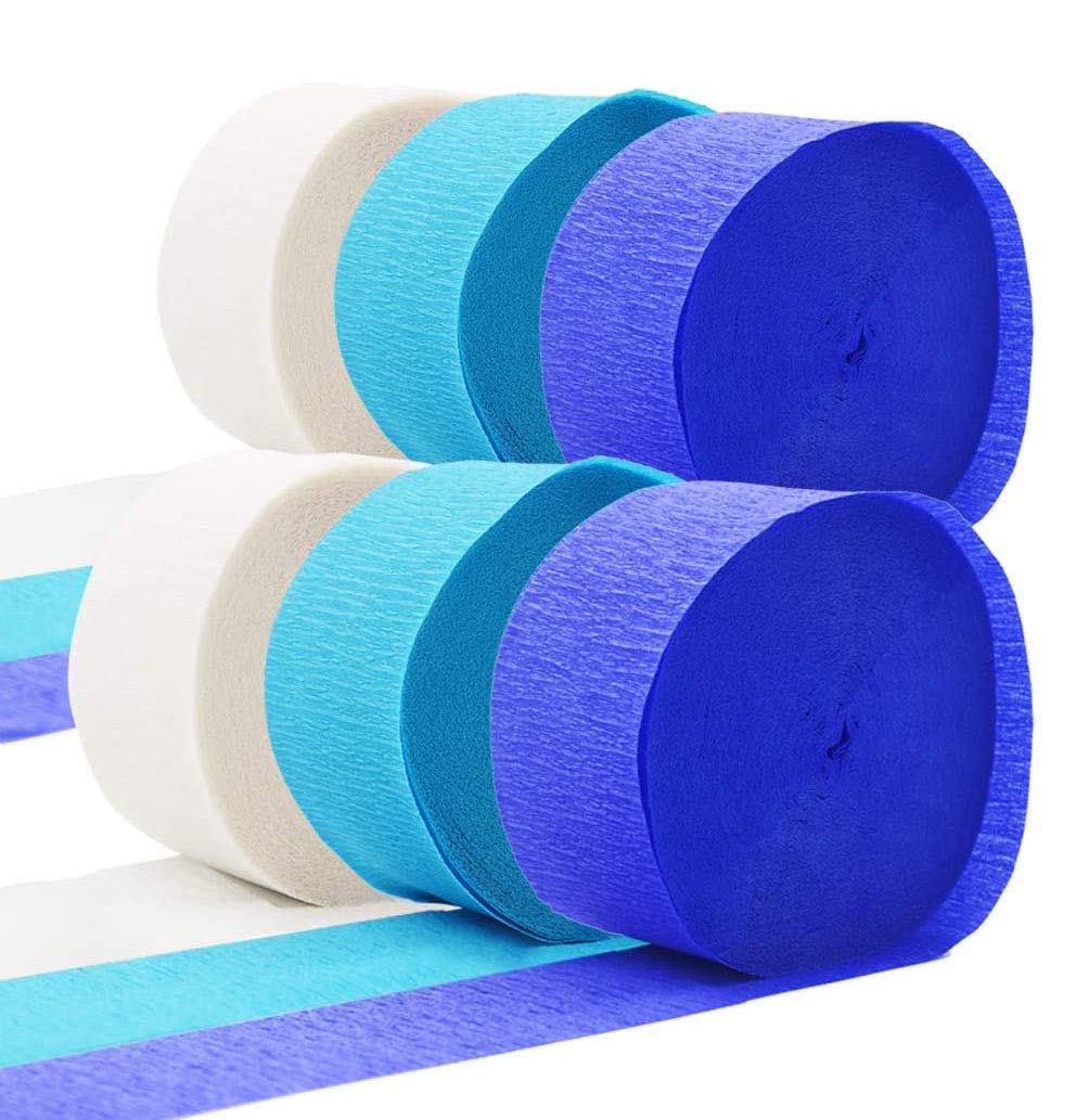 PARTY TIME - 6 Rolls Crepe Paper Streamers, 3 Colors, for Various Christmas Birthday Party Wedding Festival and All Other Special Occasions and Party Decorations (White, Light Blue and Dark Blue)