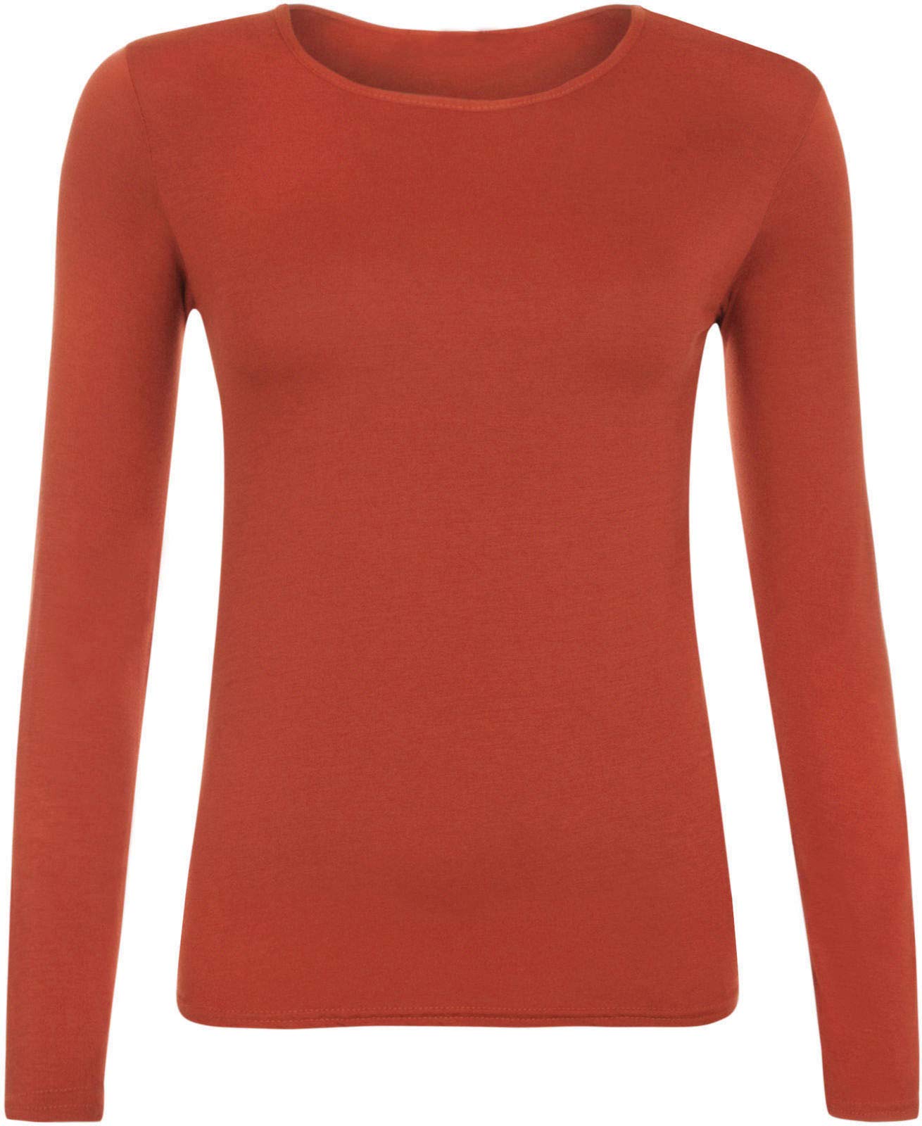 Ladies Women Basic Long Sleeve Plain Round Neck Ladies Stretch Plus Size Top T Shirt (Rust, UK XL)