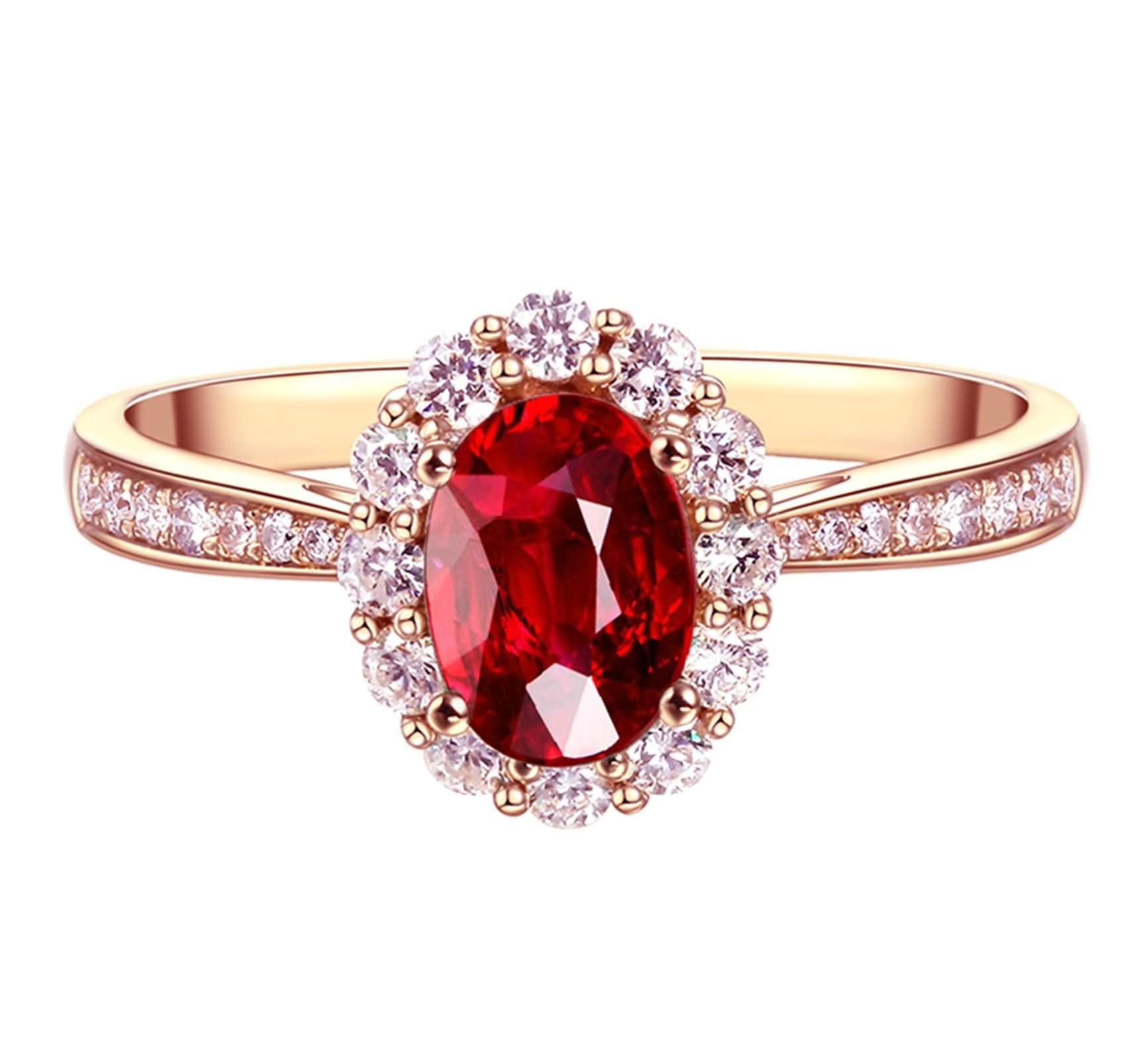 Beydodo Anillo de Compromiso Mujer de Oro Rosa 9 14 18 K con Oval con Rubí Creado y Moissanita, Anillos Oro Rosa de Compromiso Mujer