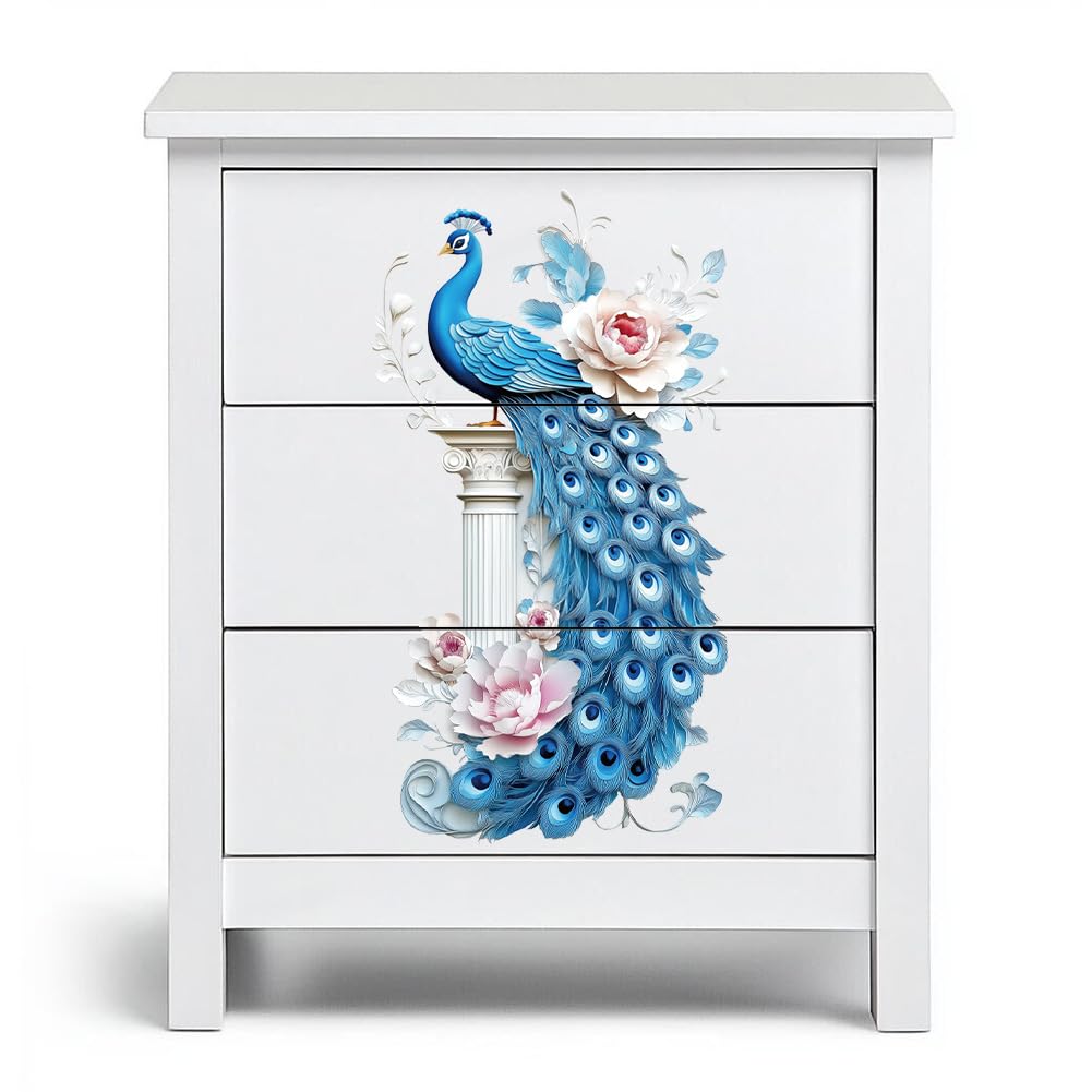 Peacoblue Rub on Transfer Sticker for Furniture Crafts Decor 6"x12" Blue Peacock and Flowers, 3Pcs Waterproof UV DTF Transfer for Lingerie Chests