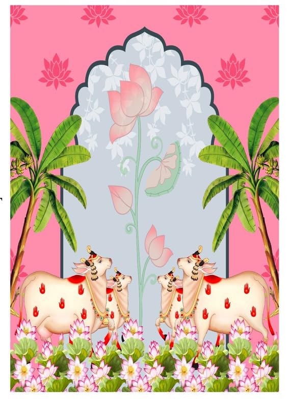Image of varalakshmi Pooja Background | gomatha Backdrop | pichwai Backdrop Cloth Decorations 8x6 feet Banana Tree 4 Cows | Cow Backdrop for Pooja Decoration | backdrops for poojas Decoration