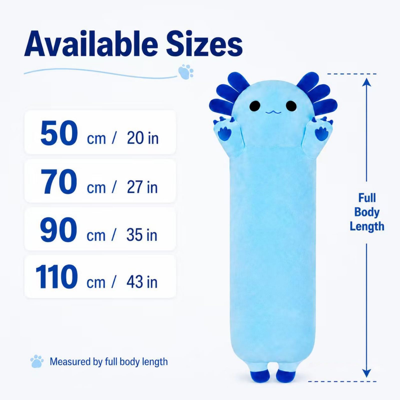 SNOWOLF Cojín Largo de Peluche de Axolotl, Juguete de Peluche Suave Kawaii de Peluche, Adorable cojín de Abrazo para niños (110 cm, Azul)