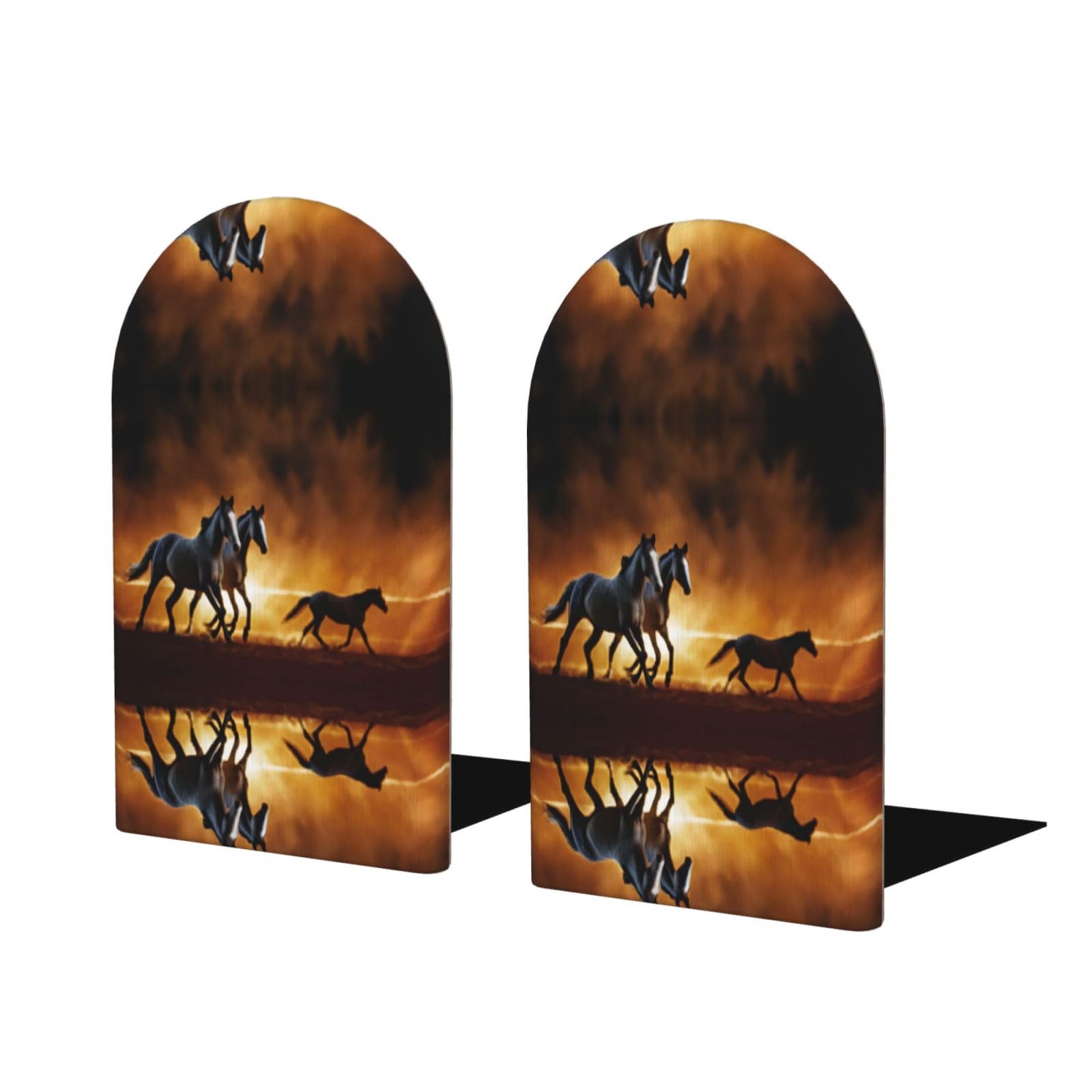 Horses Red Glowing Clouds (1) Stylish Bookends with Full-Print Design Durable Wooden and Metal Bookend Set for Home, Office