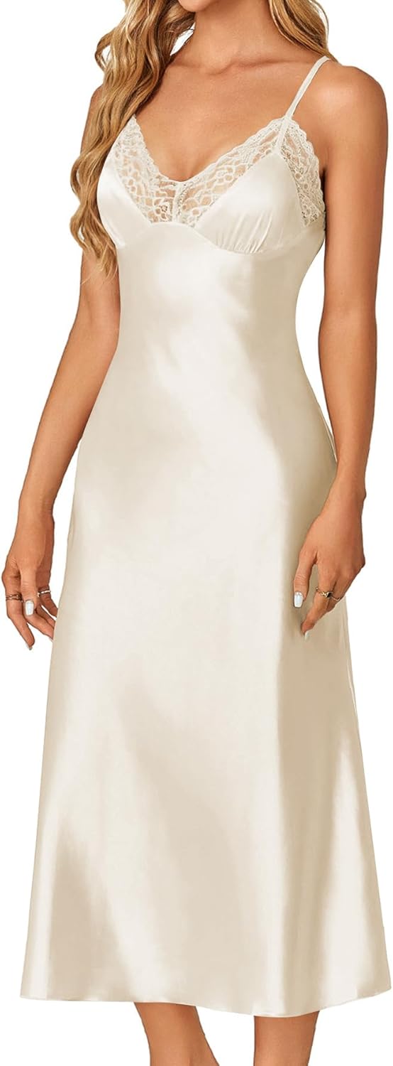 OPOIPIN Women's Satin V Neck Lace Trim Spaghetti Straps Sleeveless Chemise Lingerie Nightdress Nightgown - Image 3