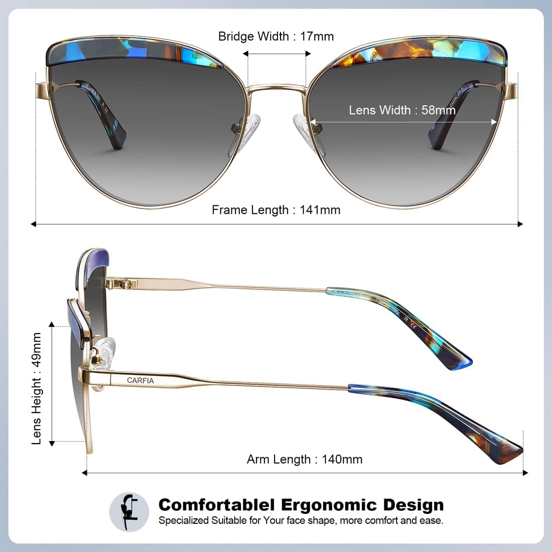CARFIA Matal Acetate Cateye Polarized Sunglasses for Women UV Protection CA5382