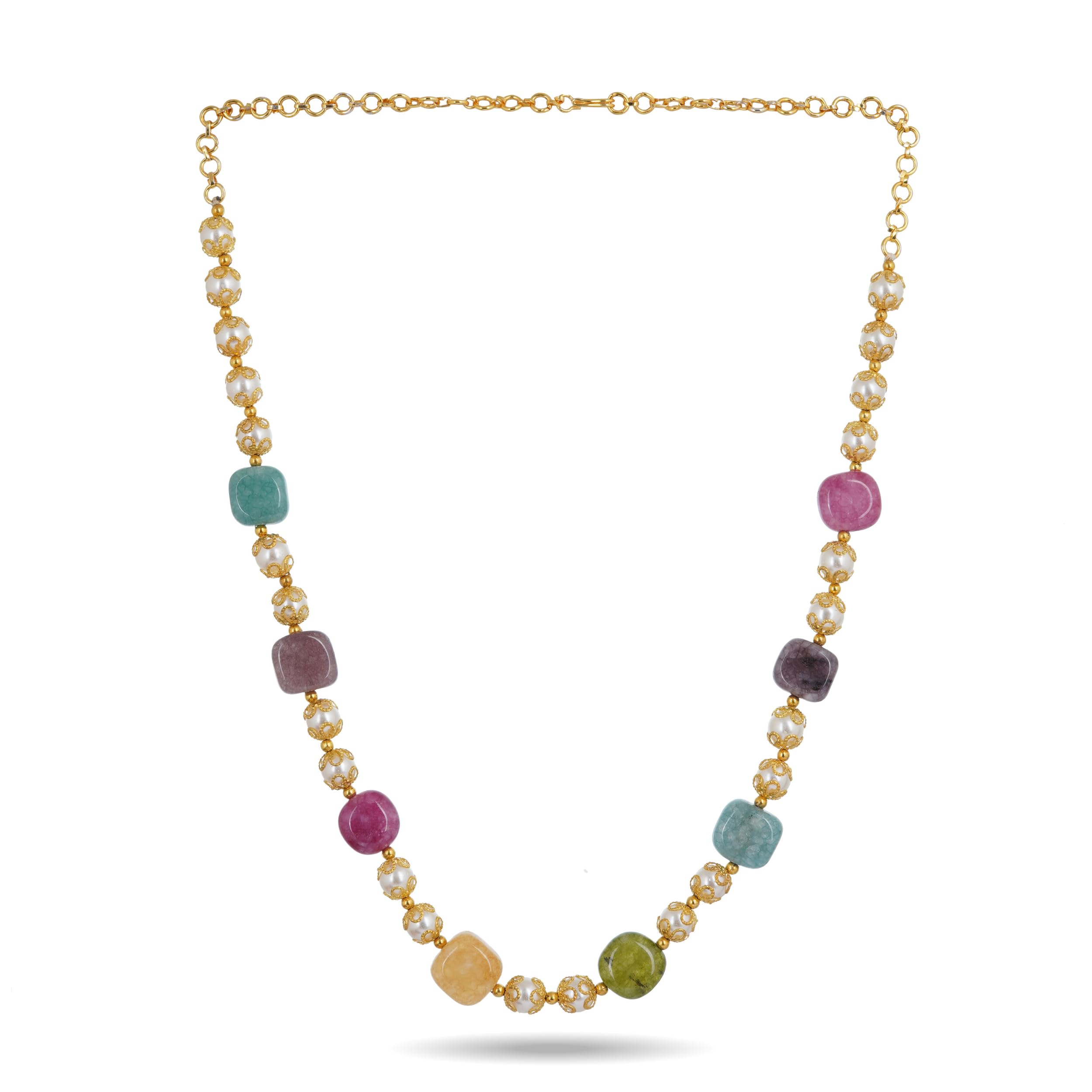 Multicolor Stone and Pearl Beaded Necklace Adjustable Gold Plated Chain, Beads Jewellery for Women and Girls-image-40