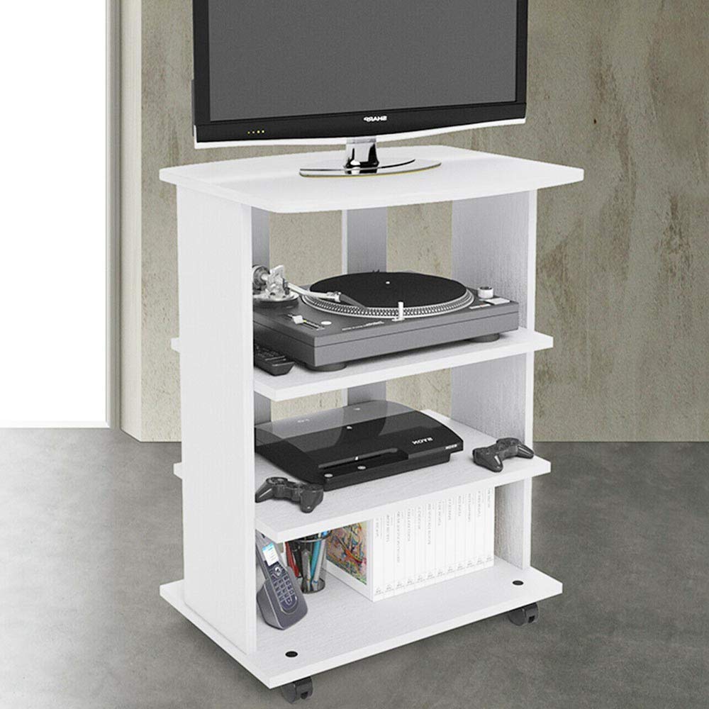 BAKAJI Mobile TV in Legno MDF con 3 Ripiani Porta Console Videogiochi DVD e 4 Ruote Mobiletto Carrello Porta Televisore Design Moderno Dimensione 60 x 45 x 80,5 cm (Bianco)