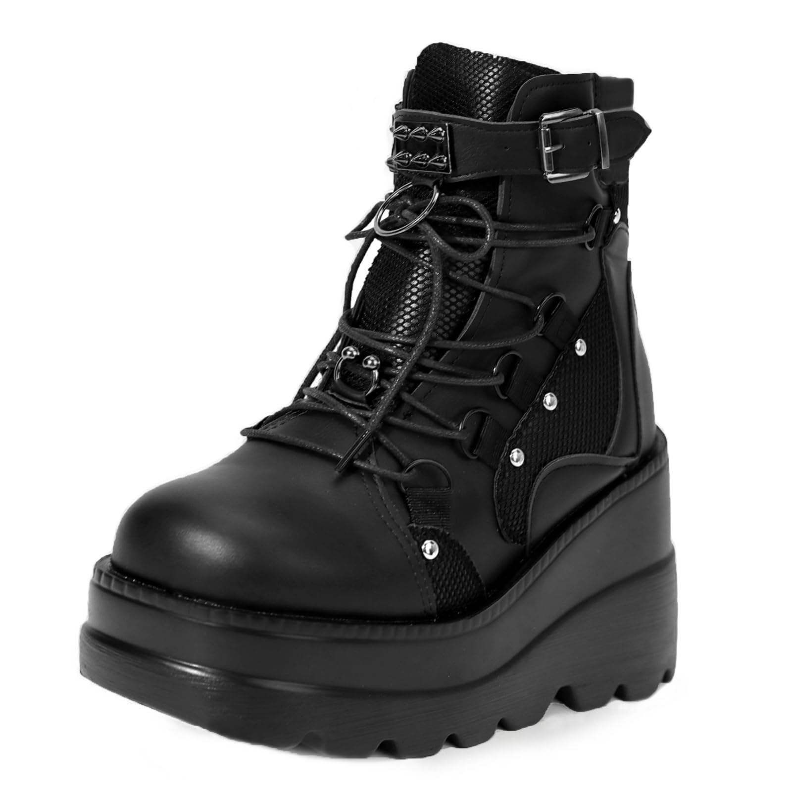Women Platform Wedge Ankle Boots Round Toe Chunky High Heel Booties Goth Combat Boots Chain Lace Up Motorcycle