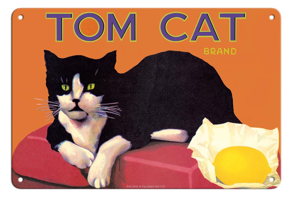 Pacifica Island Art Tom Cat Brand Lemons - Orosi California - Vintage Fruit Crate Label c.1920s - 8 x 12 inch Vintage Metal Tin Sign