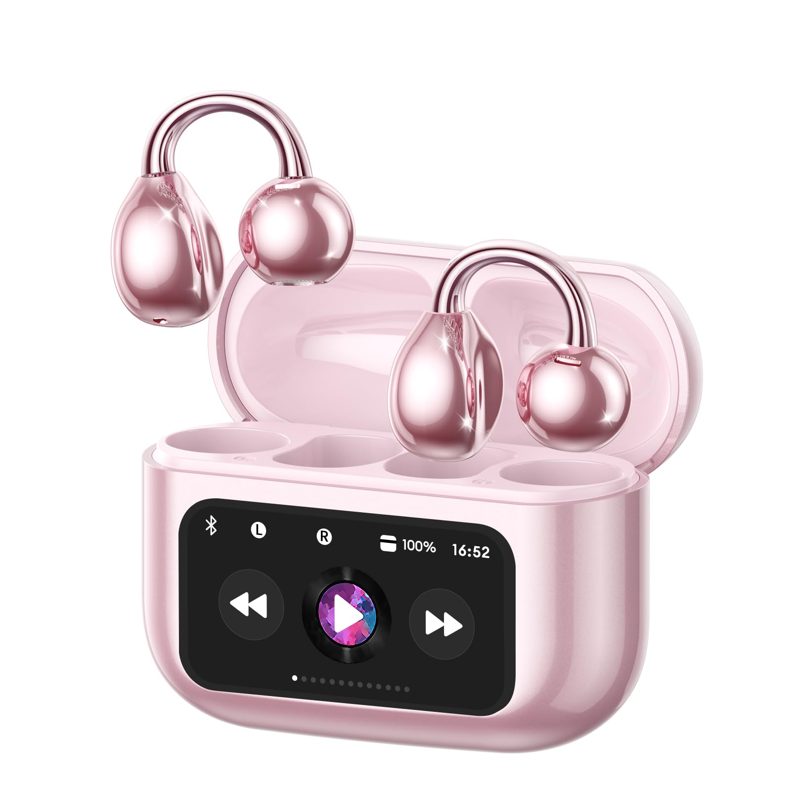 ZOMBIES CAT Auricolari Open Ear Clip-on con Schermo Touch Intelligente – Cuffie Bluetooth 5.4, Audio HiFi, Controllo Musicale & Volume, Auricolari Bluetooth per Sport,M100 Rosa