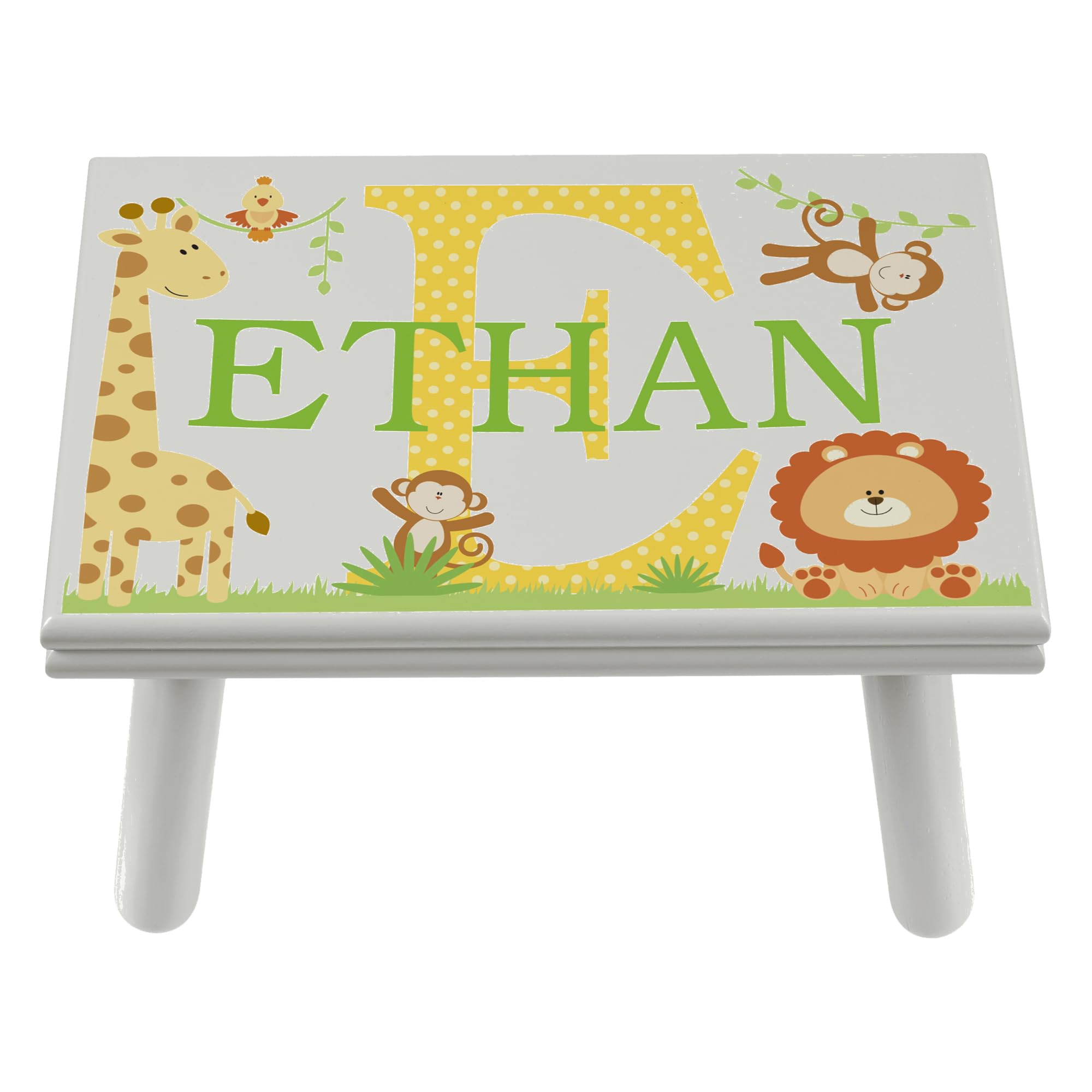 Let’s Make Memories Personalized My Own Name Step Stool - Children’s Step Stool - Sturdy Wood – Non-Toxic Paint, Sealer - Jungle Design - Gray - 14’