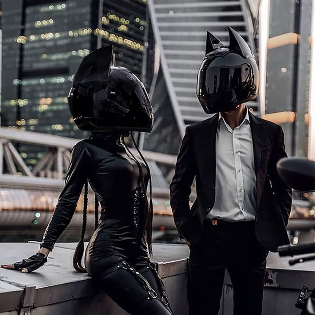 Personalized Full Face Cat Bat Ear Bluetooth Motorcycle Helmet Black Cool Adults Men Woomen Locomotive Helmet, DOT Approved, Comfortable Breathable Scooter Moped Cruiser Jet Chopper Helmets, S-XXL