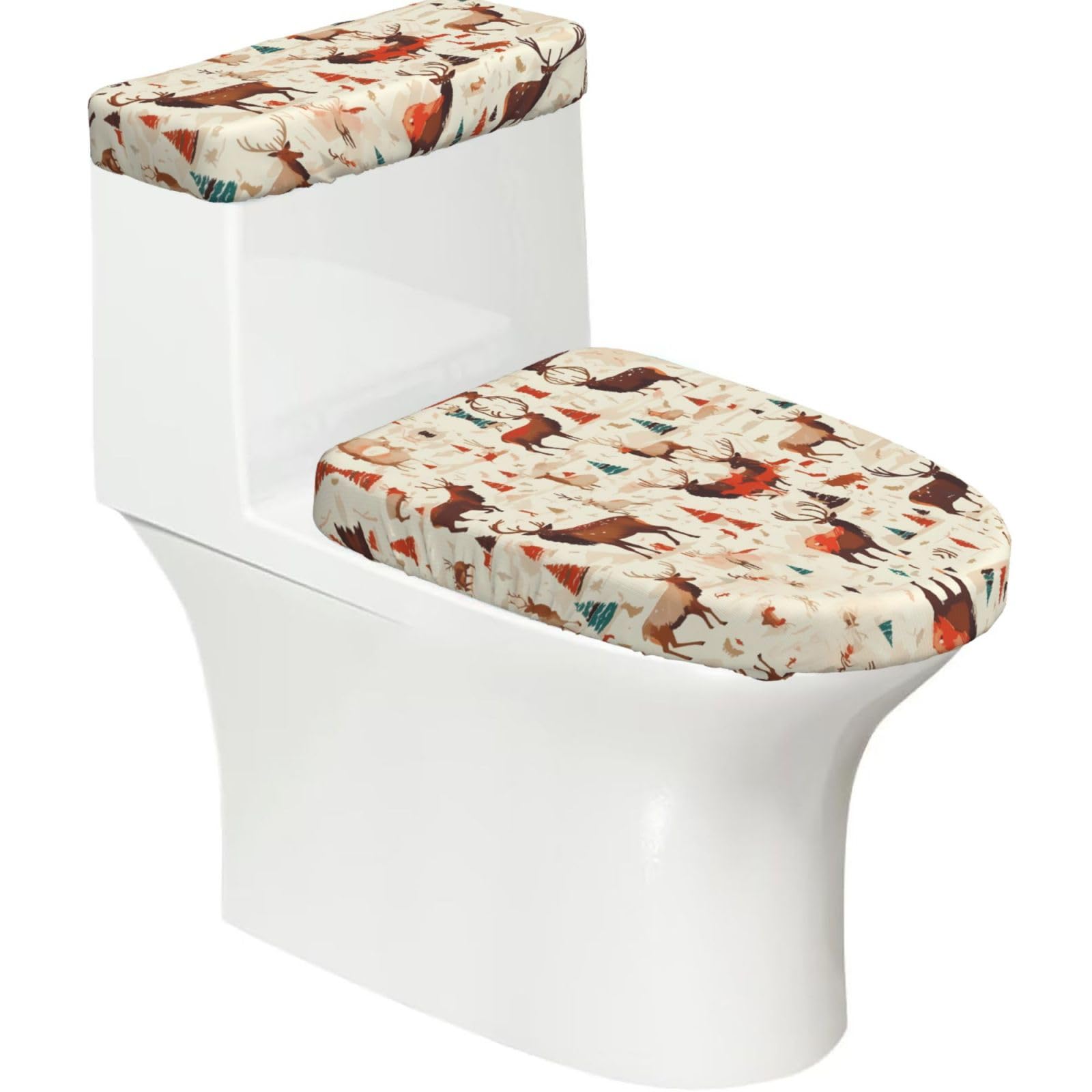 Wzycwb Black A Herd Of Deer 2-Piece Toilet Seat Cover Set With Tank Lid, Elastic Fit For U-Shape & Elongated Toilets, Bathroom Decor, Housewarming Gift