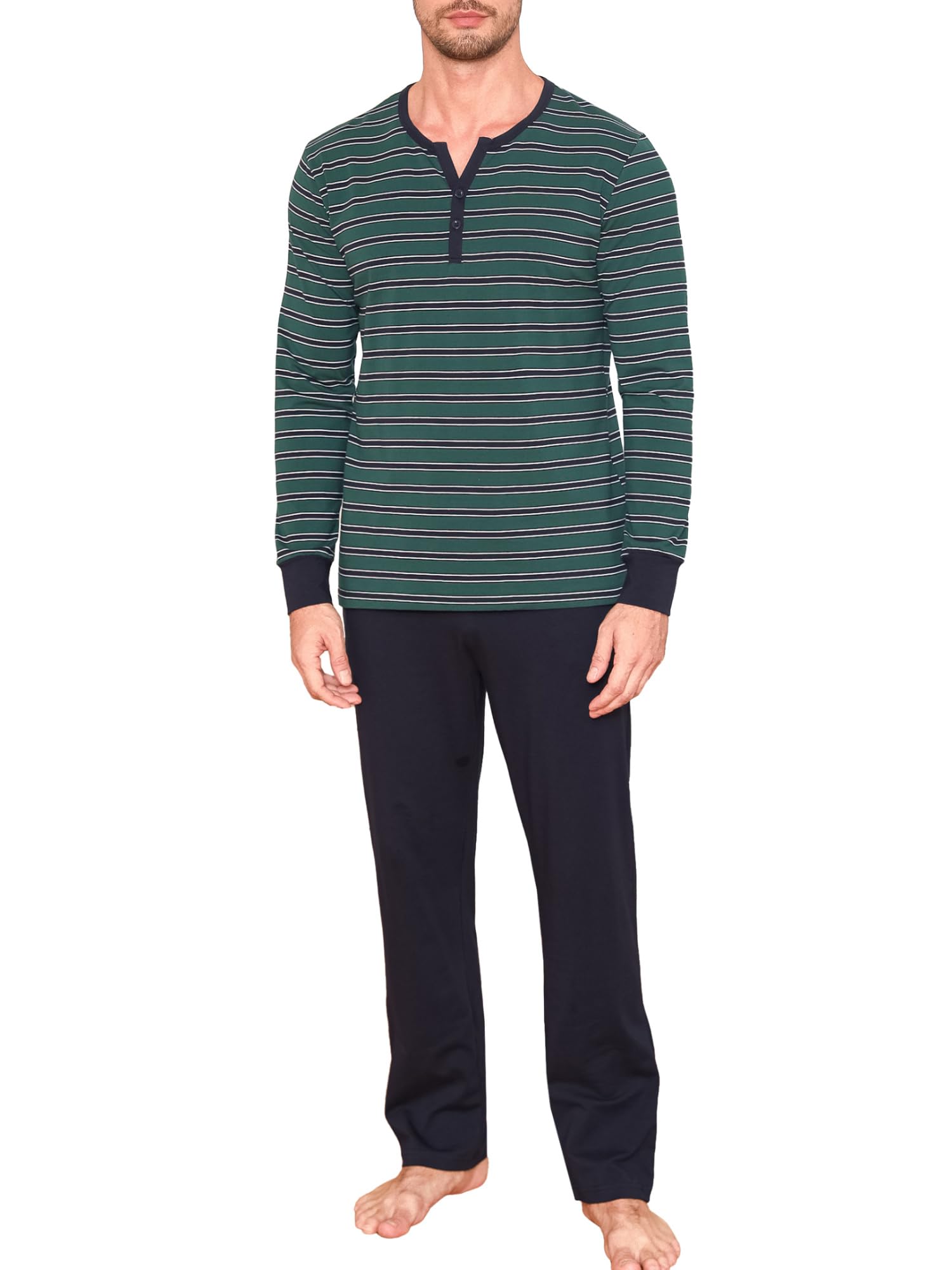 Winovia Herren Schlafanzug Langarm | Baumwolle Pyjama Set mit Knopfleiste & Streifen | Bequeme Nachtwäsche Loungewear für Männer