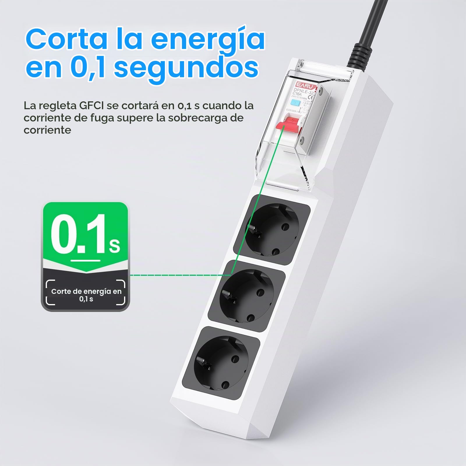 BEVA Enchufes con Interruptor Diferencial, RCD Regleta Enchufe | Ladron Enchufe con FI, 3M Cable, Protección de Corriente de Fuga de 30mA, Blanco