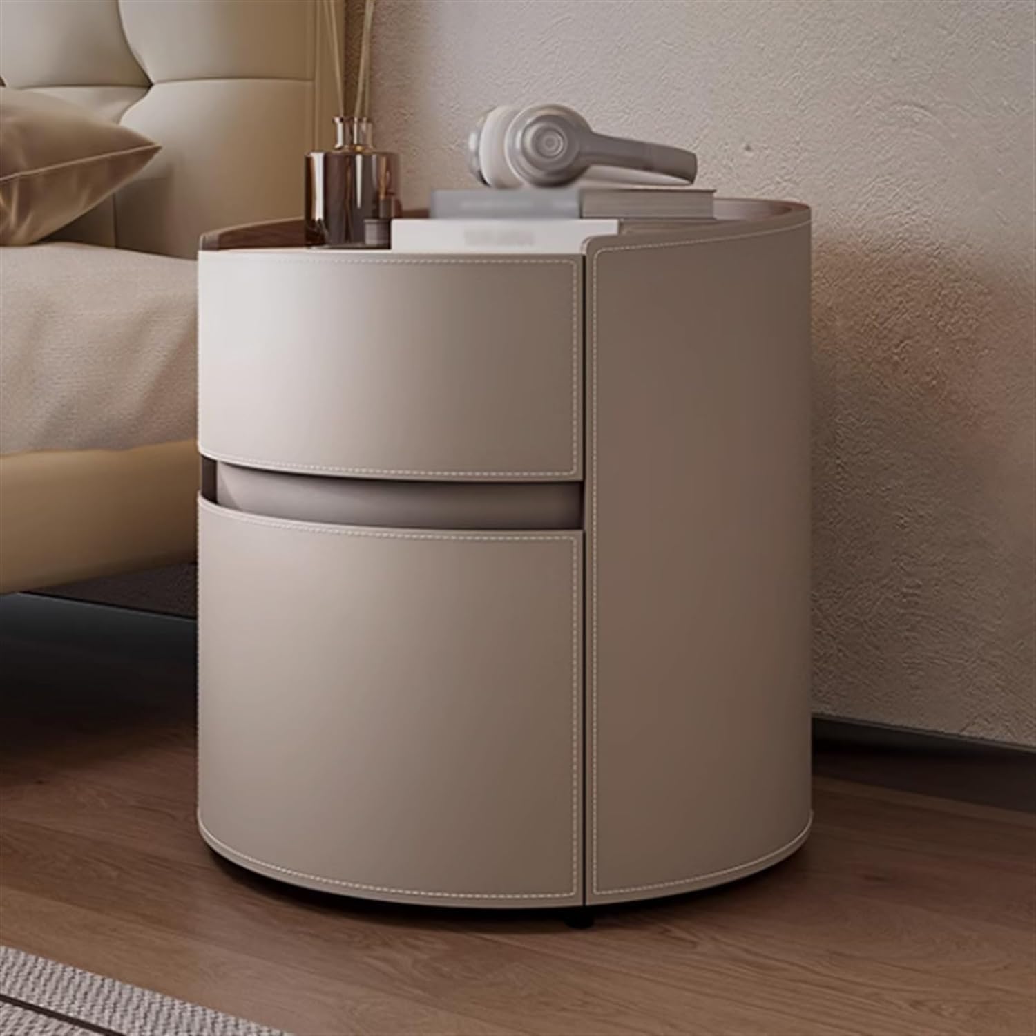 PEYNIR Comodino Rotondi in Pelle Artificiale con 2 Cassetti, Set di 2 Comodini Letto Color Kaki