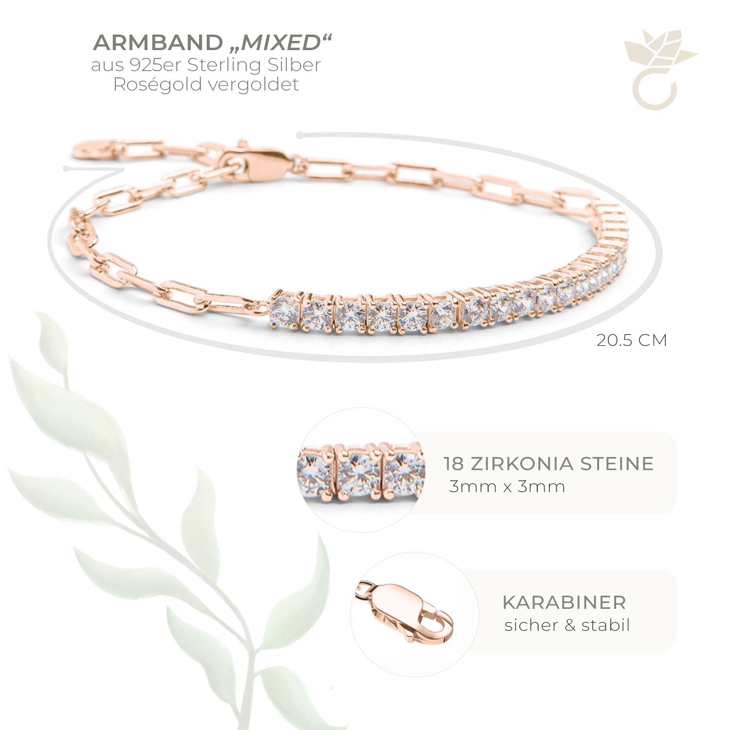 Amoonìc Tennisarmband Mixed aus 925er Silber oder vergoldet | Mit Zirkoniasteinen, Armband & grobe Glieder Kette im Mix, Herzplättchen gravierbar