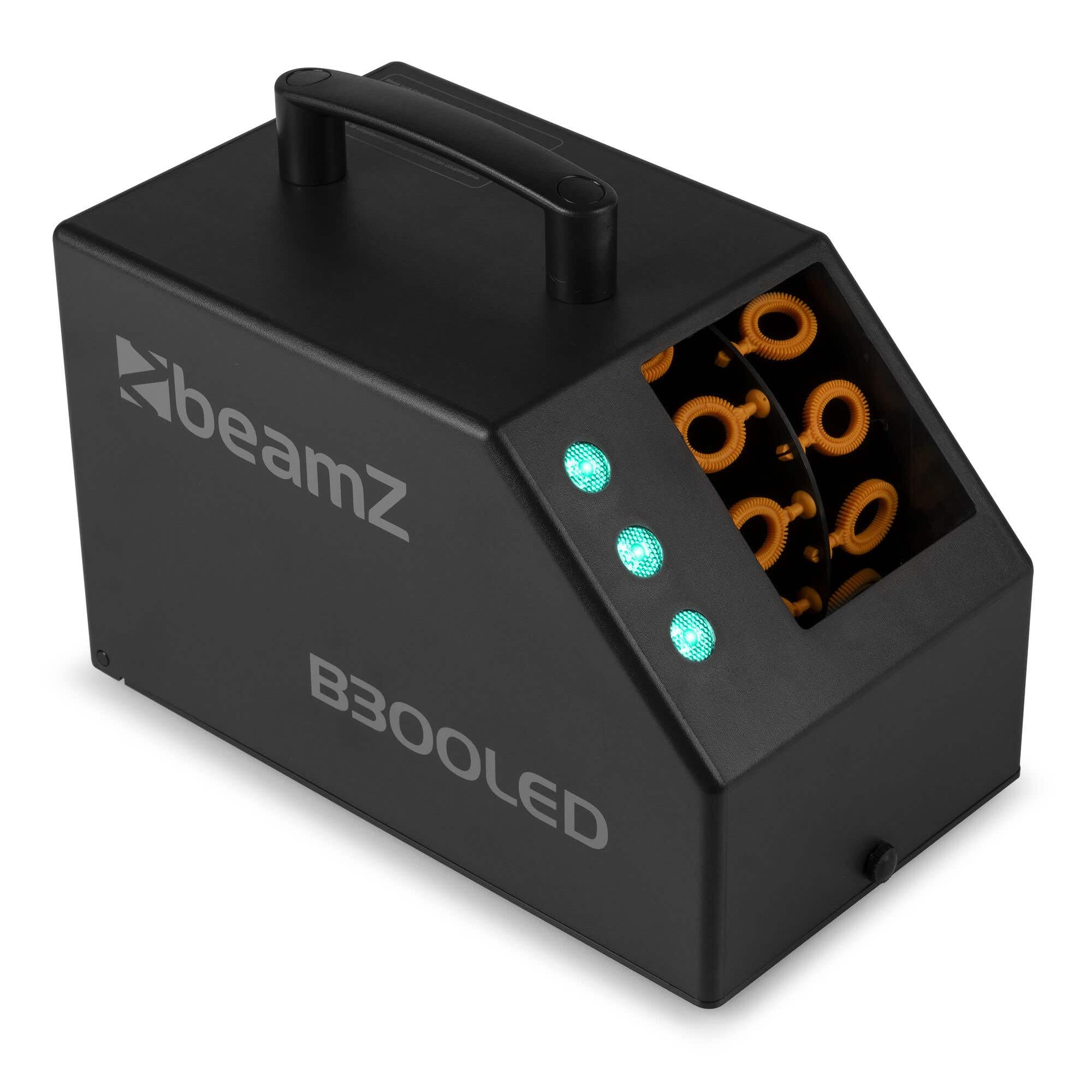 BeamZ B300LED - Máquina de Burbujas LED RGB con 5L líquido incluida, Ligera, portátil, depósito 700ml, Mando a Distancia, Potente Ventilador, para Fiestas temáticas y Eventos al Aire Libre