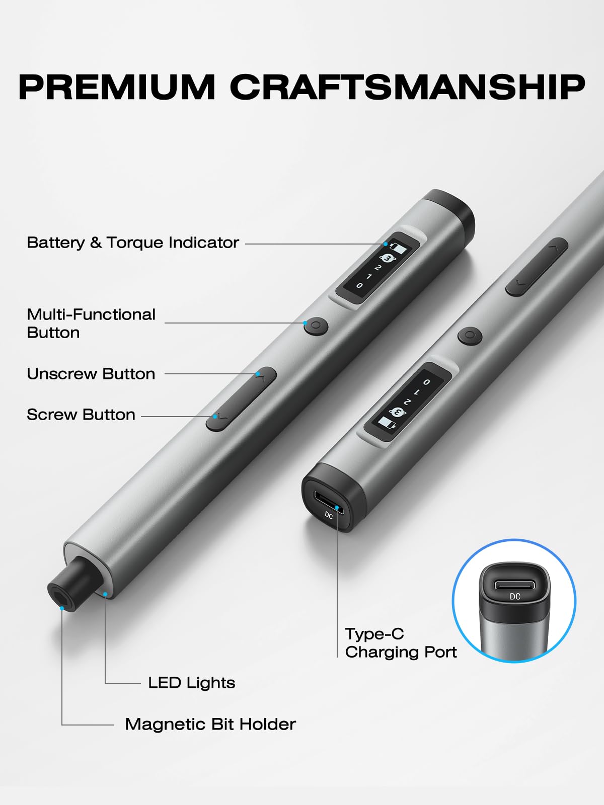 Juego de mini destornilladores eléctricos 90 en 1, destornillador eléctrico inalámbrico de precisión con 78 puntas magnéticas S2, par de 3 engranajes (hasta 0,55 N.m), 500 mAh, luz LED, kit de
