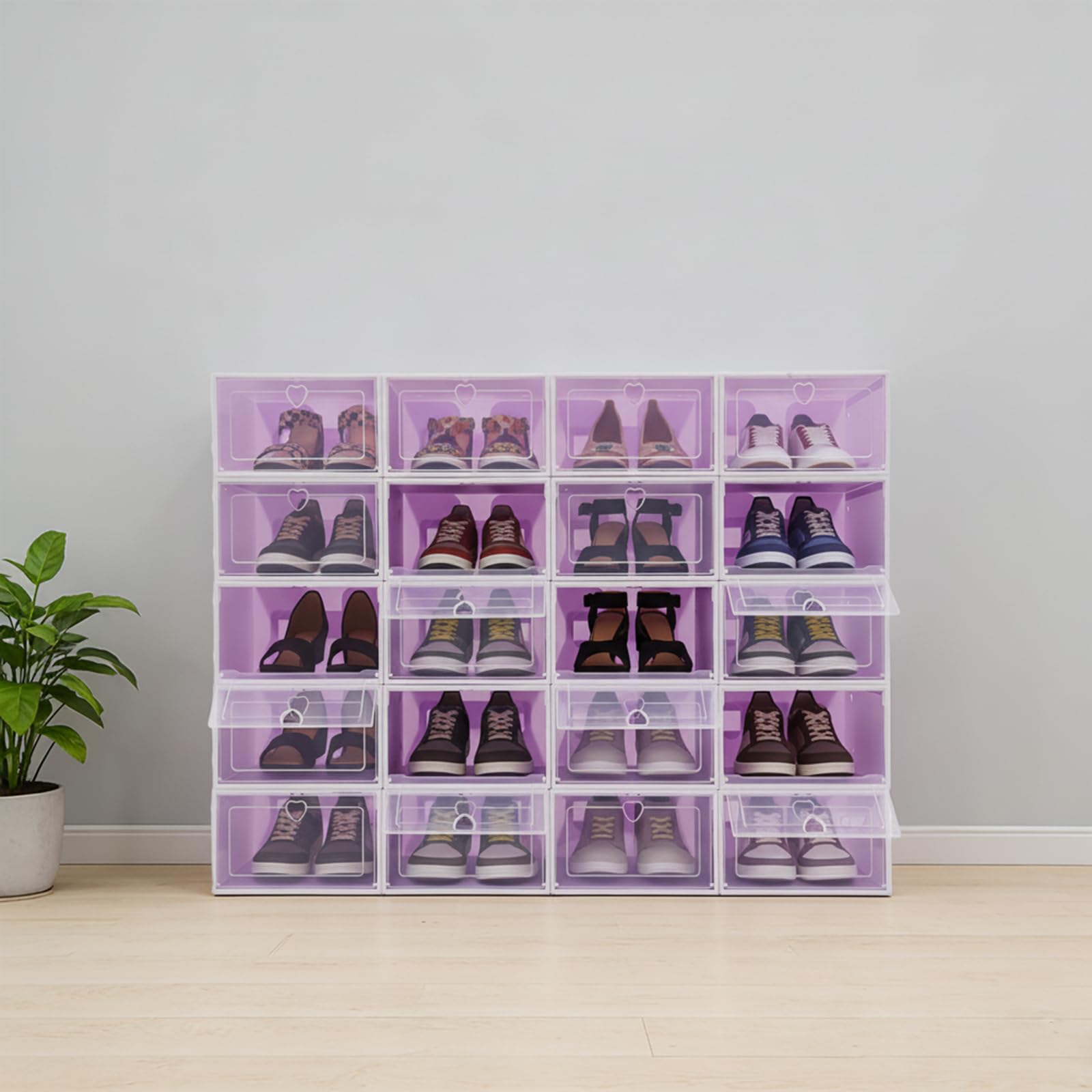 Confezione da 20 scatole per scarpe in plastica trasparente, antimacchia e traspirante, impilabili, adatte per stivaletti, scarpe sportive e décolleté (viola)