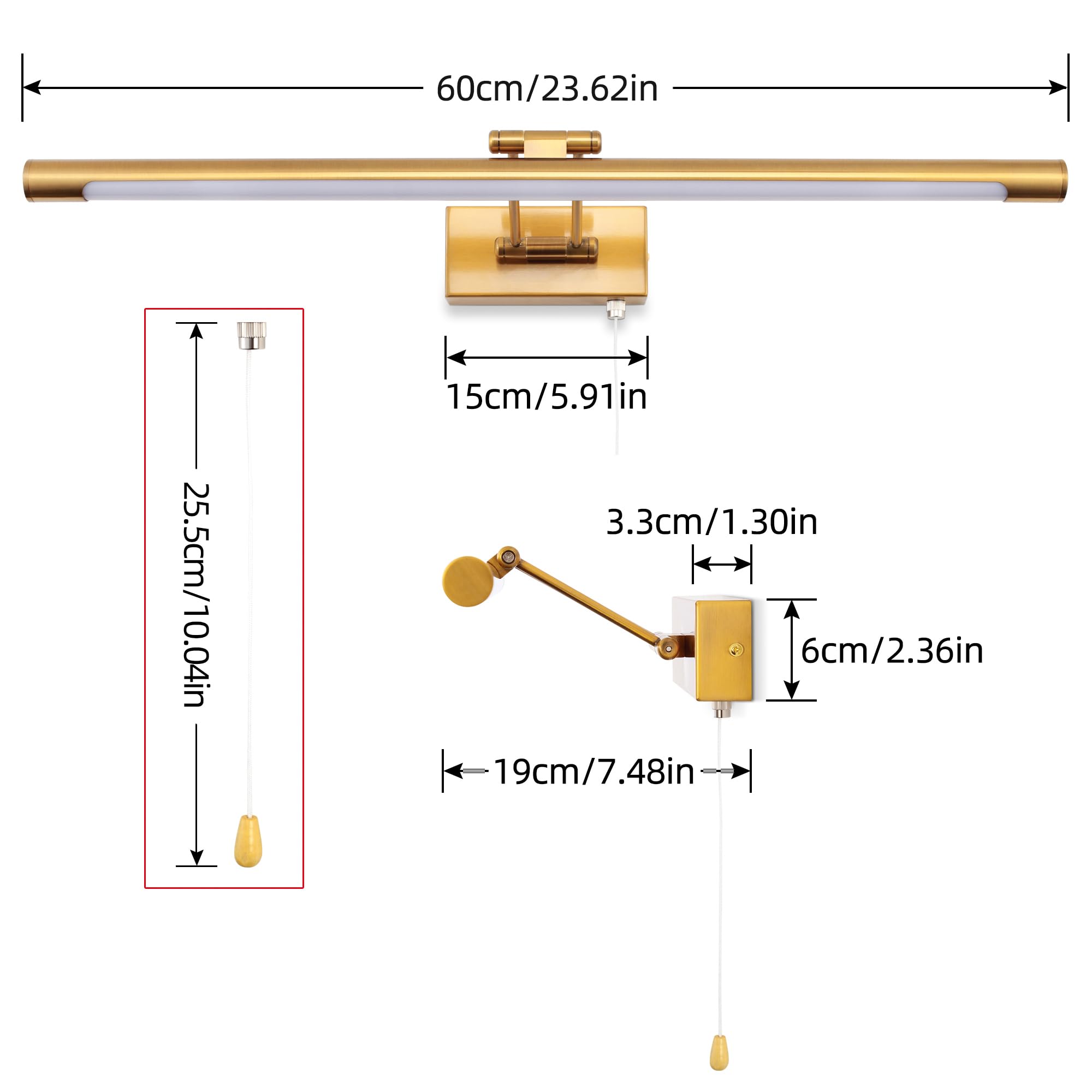 LED Applique Parete Lampada 60cm 12W Illuminazione Specchio da Bagno IP44 3000K Ottone Braccio dritto Regolabile Portalampada Luce Dell'immagine Luci Lettura Comodino Con Tirare l'interruttore