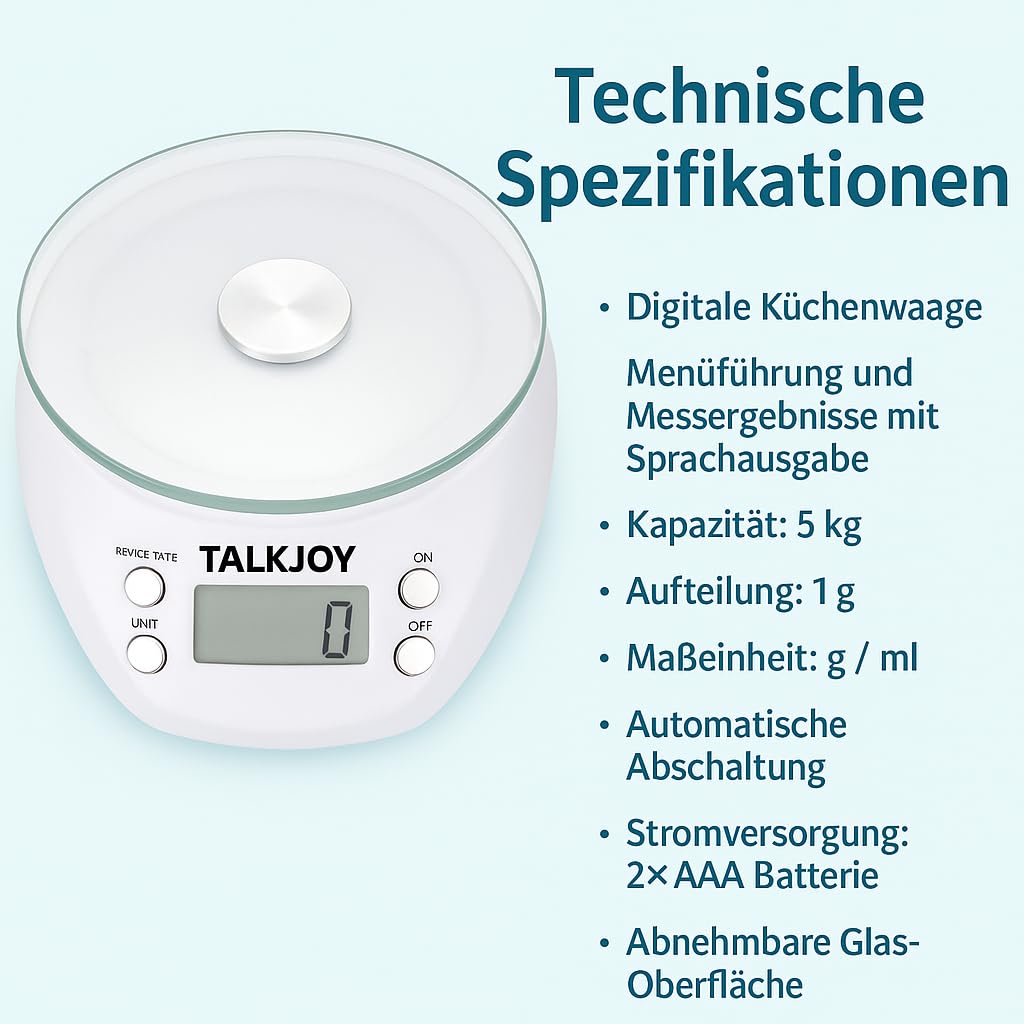 Sprechende Küchenwaage, Digitale Haushaltswaage für Blinde, Sehbehinderte und Senioren, Ansage von Gewicht in g/ml, mit Tara-Funktion, bis 5 kg, Farbe Weiß