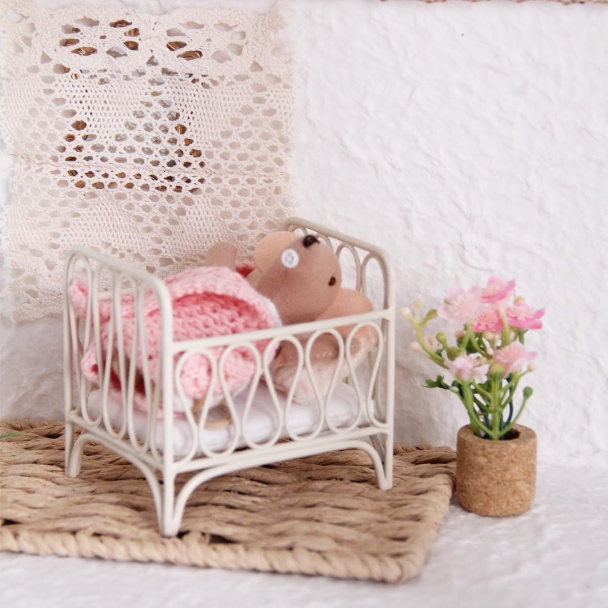 1:12 Scale Iron Crib for Dollhouses - Tiny Doll Bed with Mattress for 3-4 Inch Mini Dolls - Vintage White Iron Dollhouse Furniture Ideal Gift for Doll Lovers