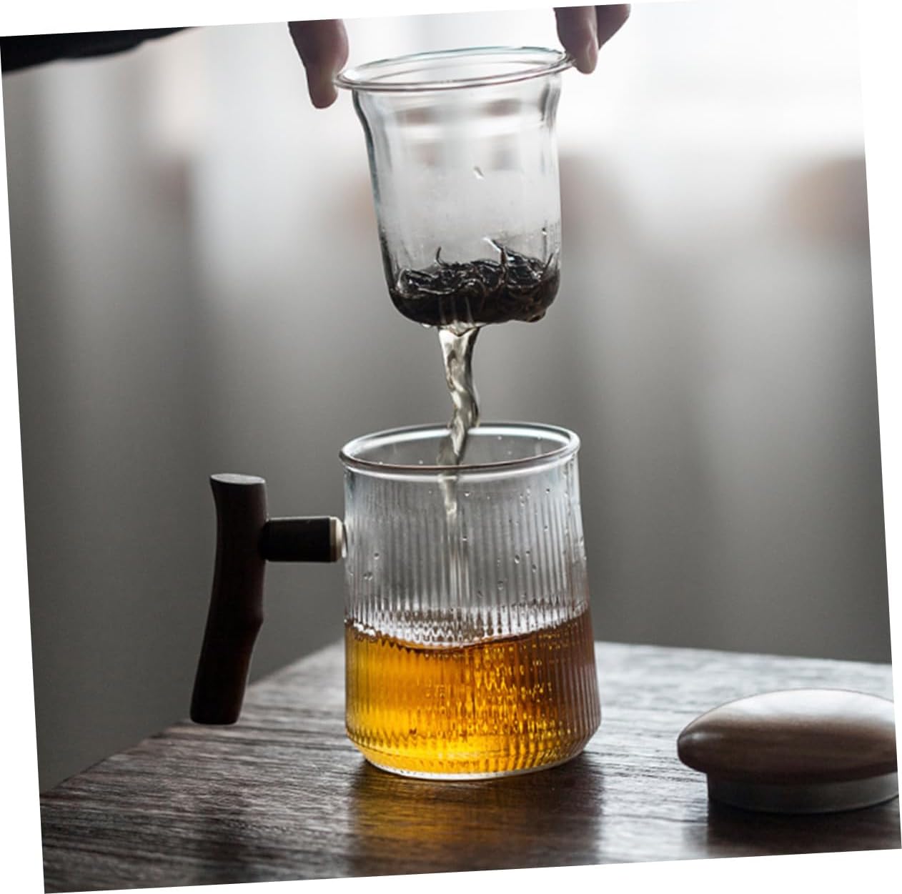 Tea Cup Glass Striped Teacup and Mug Set Wooden Handle Heat Resistant for Tea Milk Juice for Friends and Family