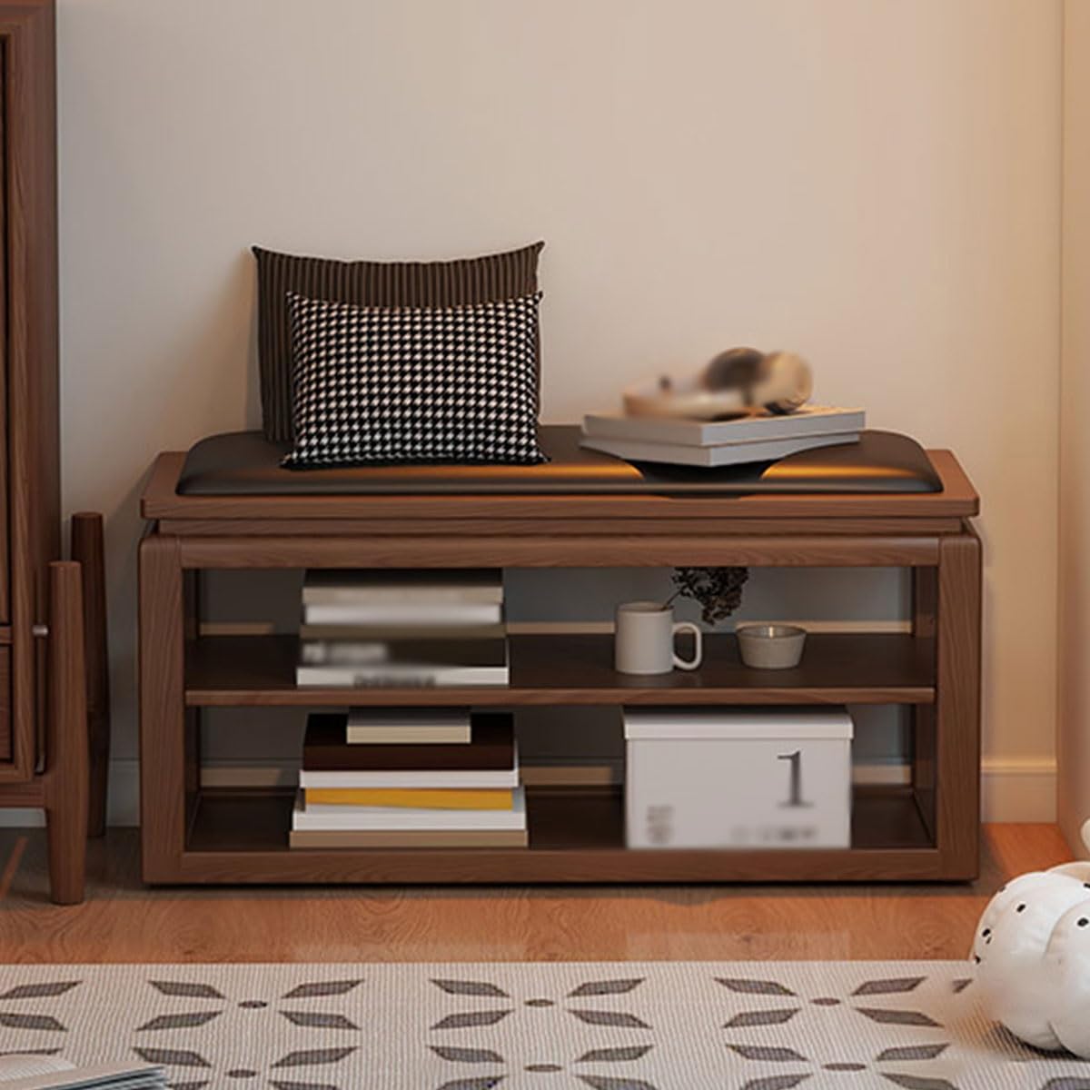 Banco Zapatero de Madera Maciza de 2 Niveles, Banco de Entrada con Almacenamiento y cojín de Piel sintética, para Sala de Estar, Pasillo, Dormitorio, baño (Negro, 80 cm/31,50 Pulgadas)