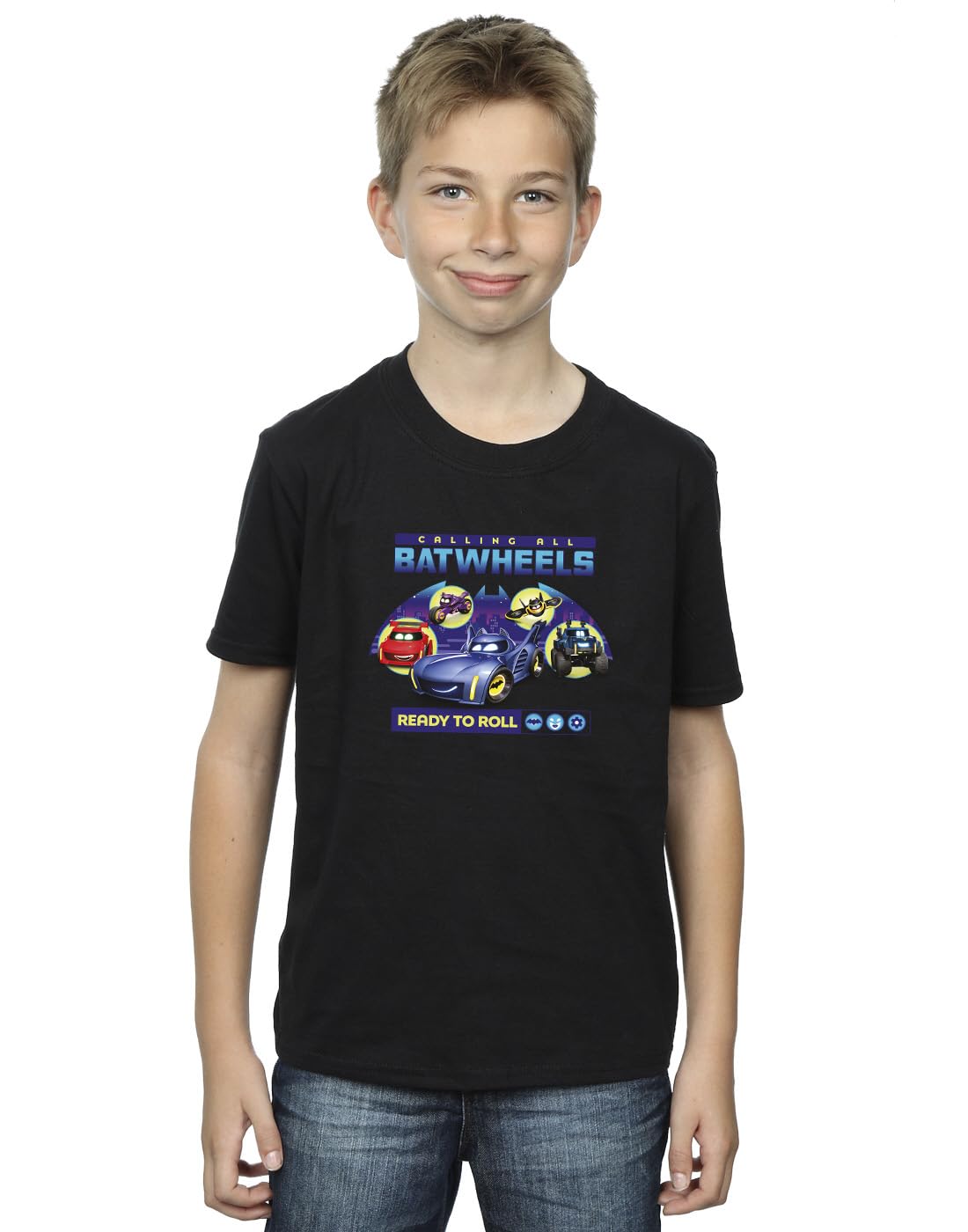 Absolute Cult Boys Black Official Licensed Batwheels Ready To Roll ' T-Shirt - Soft Cotton, Crew Neck, Short Sleeve, Comfortable Everyday Wear - Uk - Available In Multiple Uk Sizes - Machine Washable - Officially Licensed