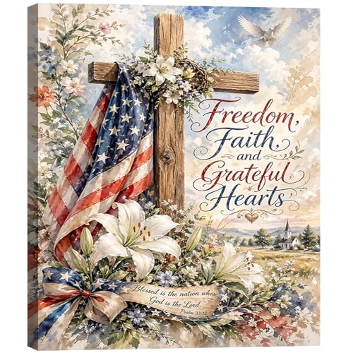 Image of RIBNTAK 4th of July Wall Art Canvas Prints Pictures Patriotic Christian Artwork American Flag Cross Decor Faith Freedom Religious Canvas Art for Living Room Bedroom Office Farmhouse Home Decorations