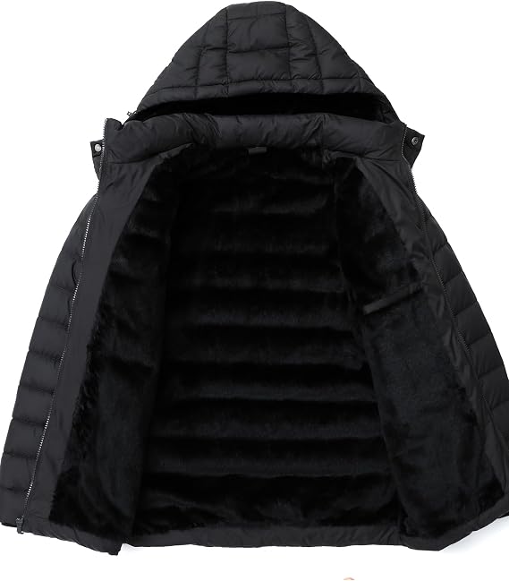Men's Quilted Puffer Down Coat| Waterproof, Windproof, Detachable Hood, Flannel Lined, Thicken for Winter Travel