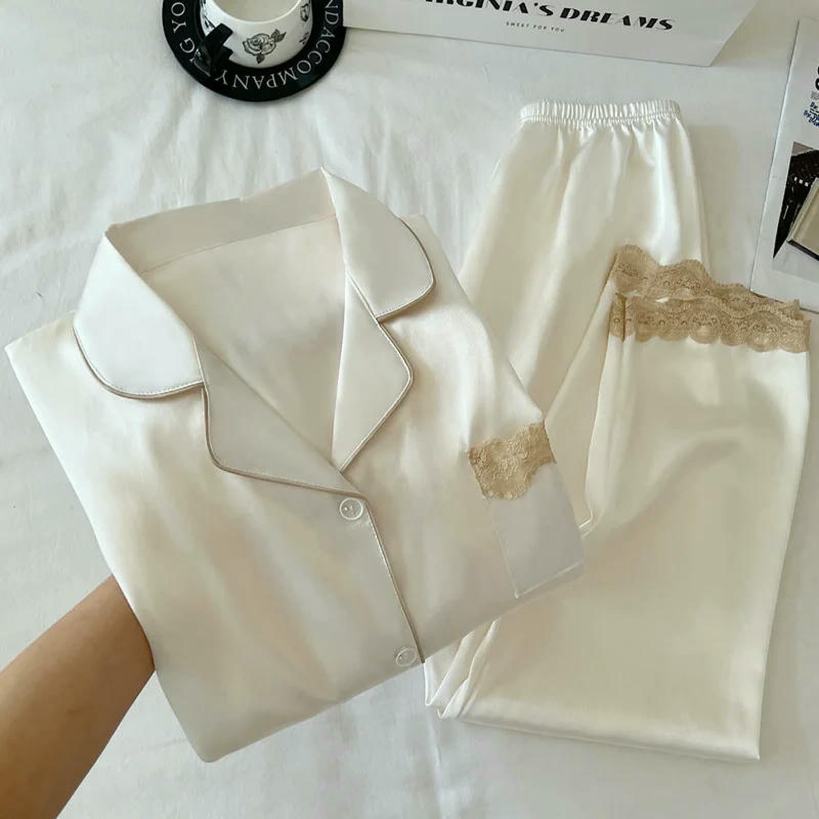 Pigiama Set di Indumenti da Notte Donna in Seta Ghiaccio Primavera Autunno con Bordi Pizzo E Maniche Lunghe-gg2371-l