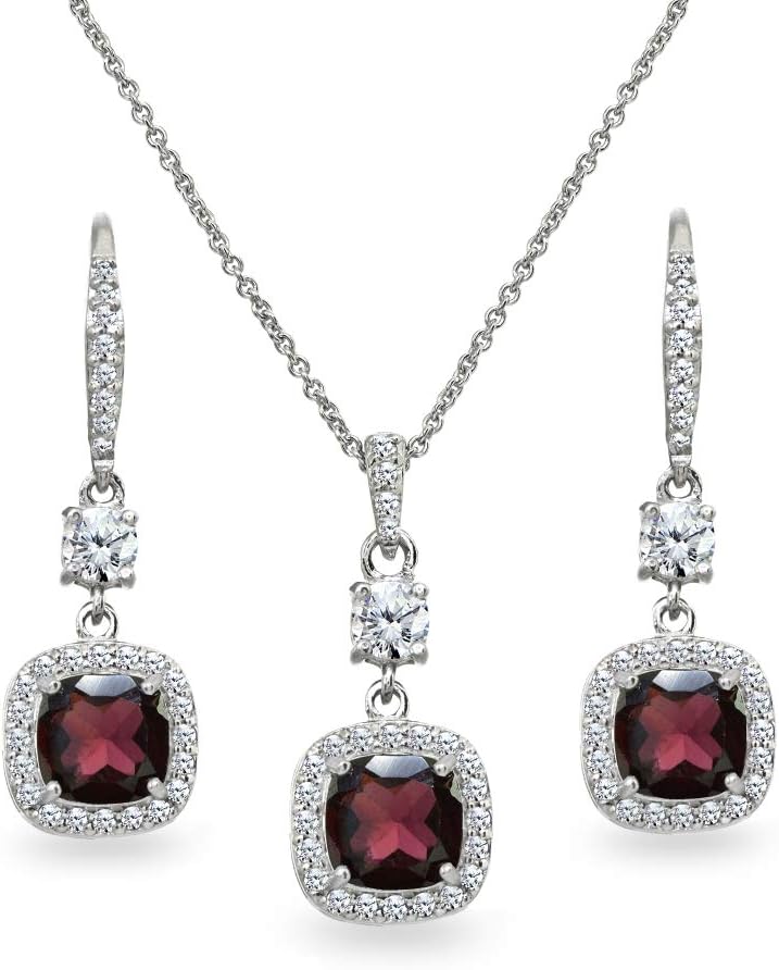Jewelry Sets for Women, Necklace and Earring Sets for Women, Birthstone Jewelry, Genuine or Synthetic Gem, Cushion Cut Necklace and Drop Earrings Set, Pendant Necklace, Dangle Earrings, Silver Jewelry