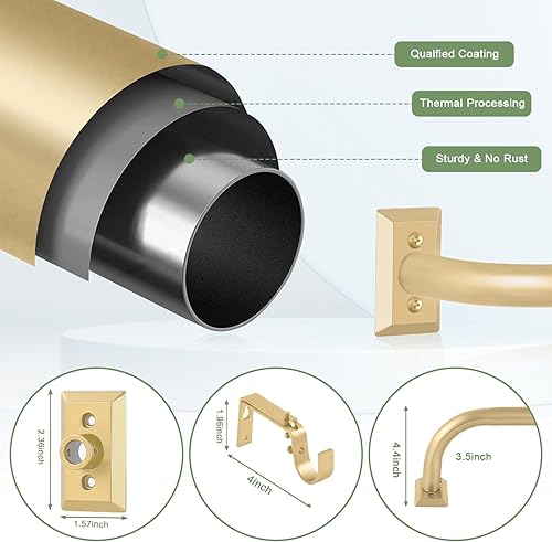 Miniatura 7 de TVWOO Barras de cortina envolventes, barras de cortina doradas para ventanas de 28 a 48 pulgadas, barra de cortina opaca ajustable de 1 pulgada con
