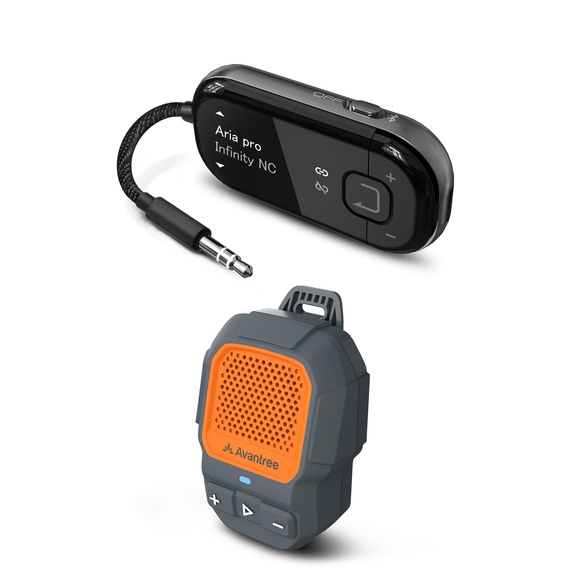 Avantree – Auracast Voyager Airplane Bluetooth Adapter + Clip-On Wearable Speaker (HomeBuddy) Bundle, Audio Sharing for Travel, Family, Hiking