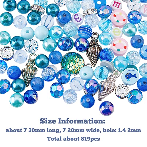 SUPERFINDINGS 819pcs Blue Jewelry Beads Including Round Glass, Polymer Clay Beads, Spacers, Ocean Style Enamel Charms - Image 2