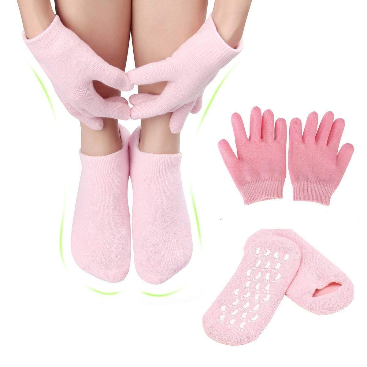 DRUDRAYA Moisturizing Gel Socks & Gloves Set Combo Hands Feet Skin Whitening Care Beauty Spa Treatment Hydrating Cool Soft Cotton Heel Booties Socks for Dry Hard Cracked Skin