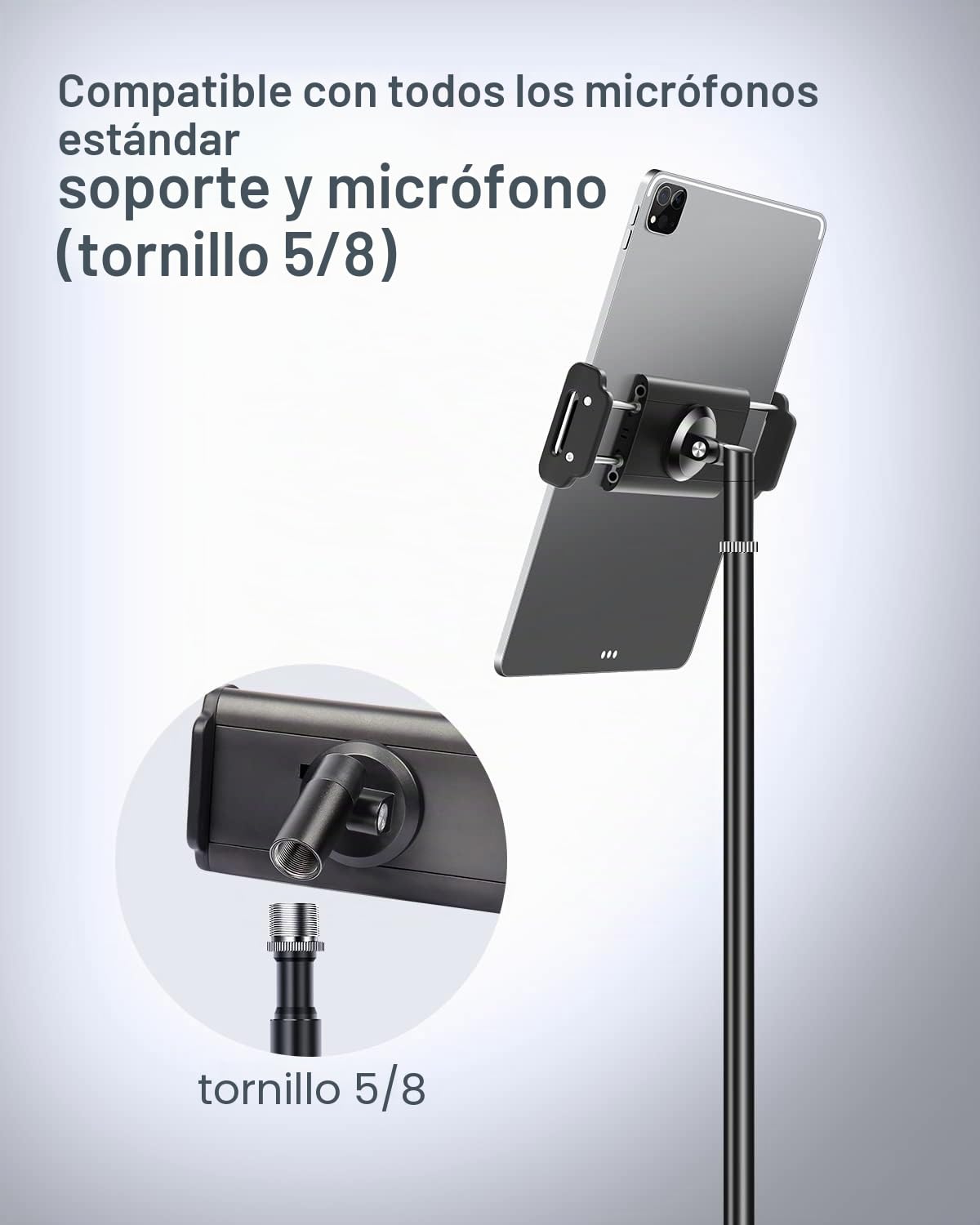 elitehood Aluminio Soporte Tablet Pie de Micro, Montaje Lateral Soporte iPad Microfono con Ajustable de 360°, Soporte Tablet para Micrófono y para iPad, Pro, Mini, Air 4.7-12.9” Tabletas Teléfono