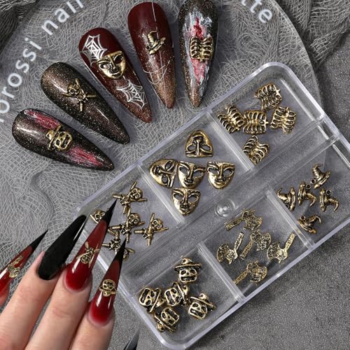 Mkwntg Halloween Nail Charms 3D Alloy Gold Nail Rhinestones Glossy Retro Pumpkin Hat Nail Gems Design Devil Skull Axe Nail Art Supplies for Women Girls DIY Manicure Craft Nail Art Decorations 30Pcs