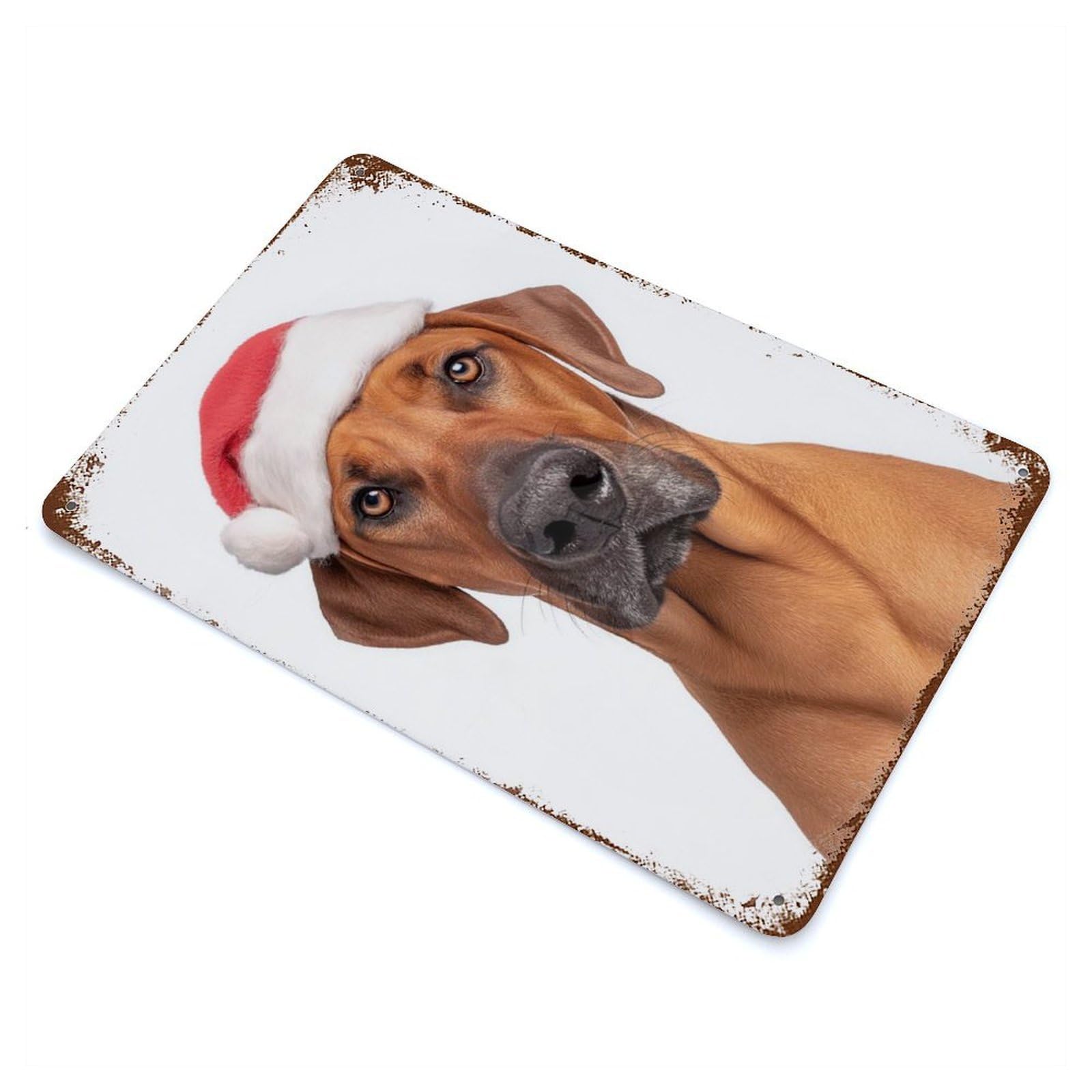 Weathered Tin Sign with Rhodesian Ridgeback Dog with Santa Hat Portrait Design 11.8"x7.9", for Garage, Bar And Workshop Decor, Decorative Metal Wall Art