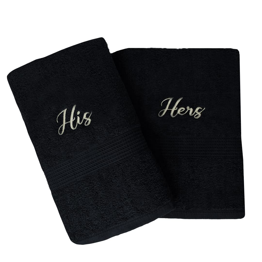 100% Egyptian Cotton Embroidered His and Hers Black Gold Soft Waffle Pack of 2 Couples Hand Towel Bath Towel Sets (Bath Towel Set)