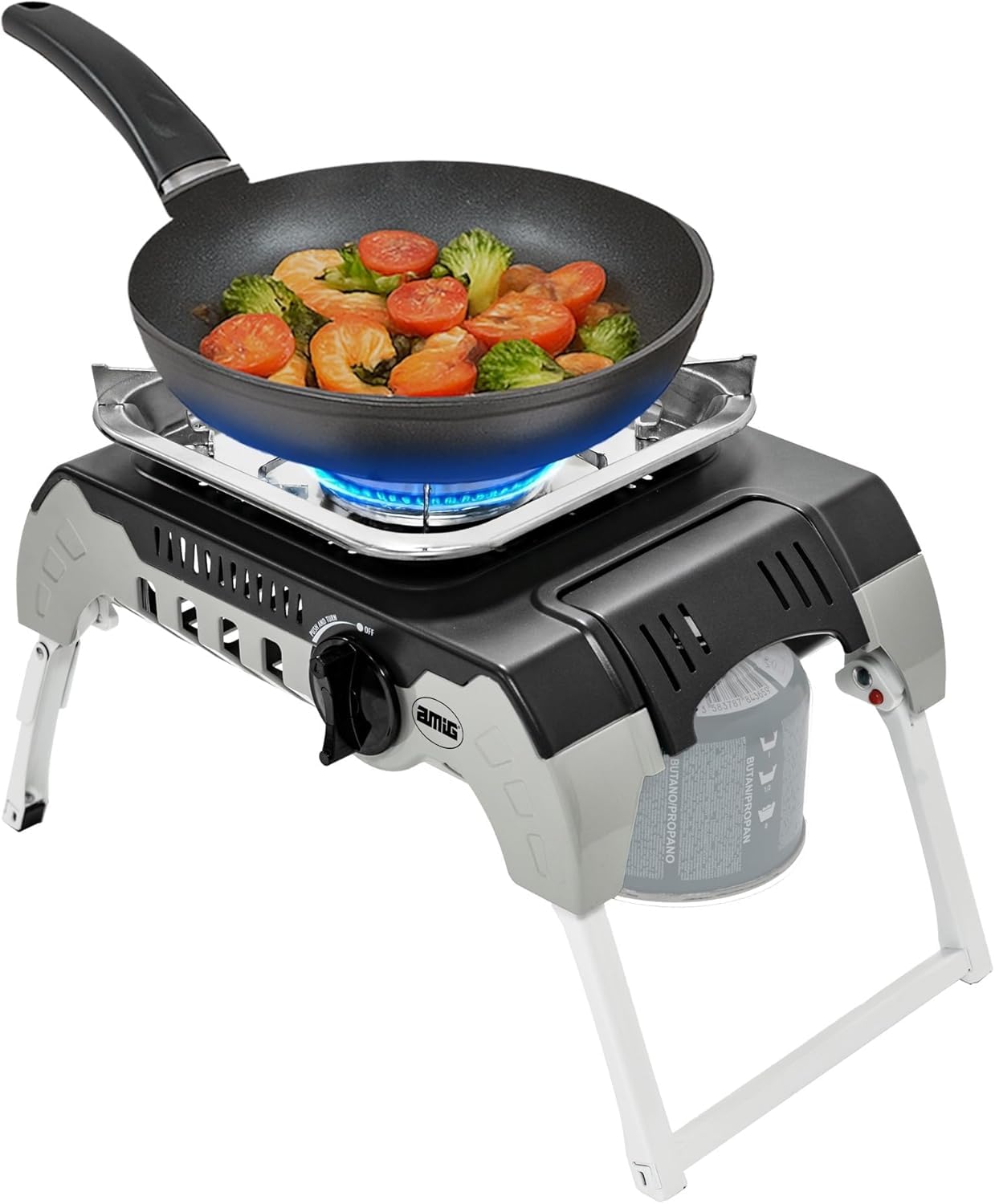 Amig – Camping Gas Möunt - Réchaud à Gaz Portable pour l’Extérieur – avec Support en Acier Inoxydable et Régulateur de Flamme – 2,4 kW de Puissance – Excursions et Camping – Certifié CE